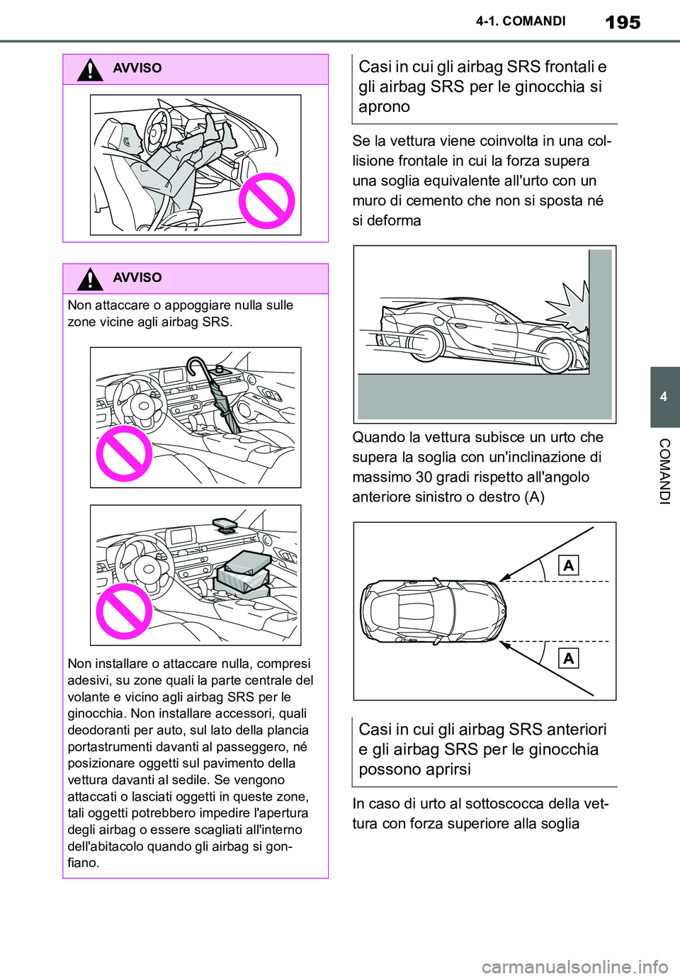 TOYOTA SUPRA 2020 Manuale duso (in Italian) 195
4
Supra Owners Manual_EL
4-1. COMANDI
COMANDI
Se la vettura viene coinvolta in una col-
lisione frontale in cui la forza supera
una soglia equivalente allurto con un
muro di cemento che non si TOYOTA SUPRA 2020 Manuale duso (in Italian) 195
4
Supra Owners Manual_EL
4-1. COMANDI
COMANDI
Se la vettura viene coinvolta in una col-
lisione frontale in cui la forza supera
una soglia equivalente allurto con un
muro di cemento che non si