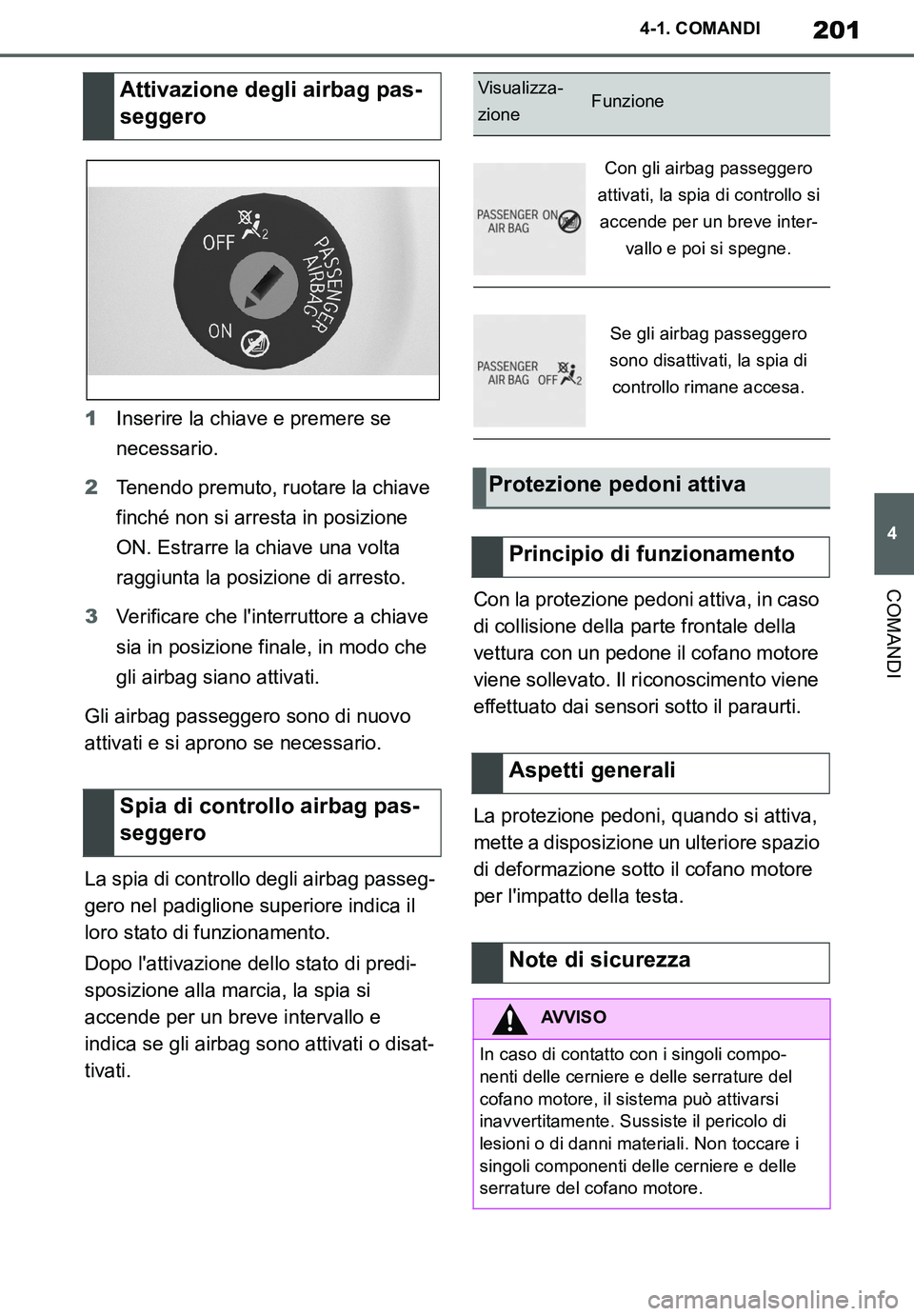 TOYOTA SUPRA 2020 Manuale duso (in Italian) 201
4
Supra Owners Manual_EL
4-1. COMANDI
COMANDI
1Inserire la chiave e premere se
necessario.
2Tenendo premuto, ruotare la chiave
finché non si arresta in posizione
ON. Estrarre la chiave una vo TOYOTA SUPRA 2020 Manuale duso (in Italian) 201
4
Supra Owners Manual_EL
4-1. COMANDI
COMANDI
1Inserire la chiave e premere se
necessario.
2Tenendo premuto, ruotare la chiave
finché non si arresta in posizione
ON. Estrarre la chiave una vo