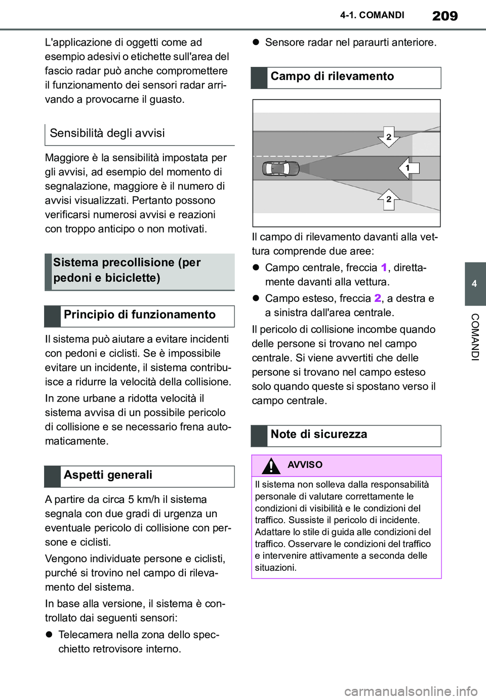 TOYOTA SUPRA 2020 Manuale duso (in Italian) 209
4
Supra Owners Manual_EL
4-1. COMANDI
COMANDI
Lapplicazione di oggetti come ad
esempio adesivi o etichette sullarea del
fascio radar può anche compromettere
il funzionamento dei sensori rad TOYOTA SUPRA 2020 Manuale duso (in Italian) 209
4
Supra Owners Manual_EL
4-1. COMANDI
COMANDI
Lapplicazione di oggetti come ad
esempio adesivi o etichette sullarea del
fascio radar può anche compromettere
il funzionamento dei sensori rad