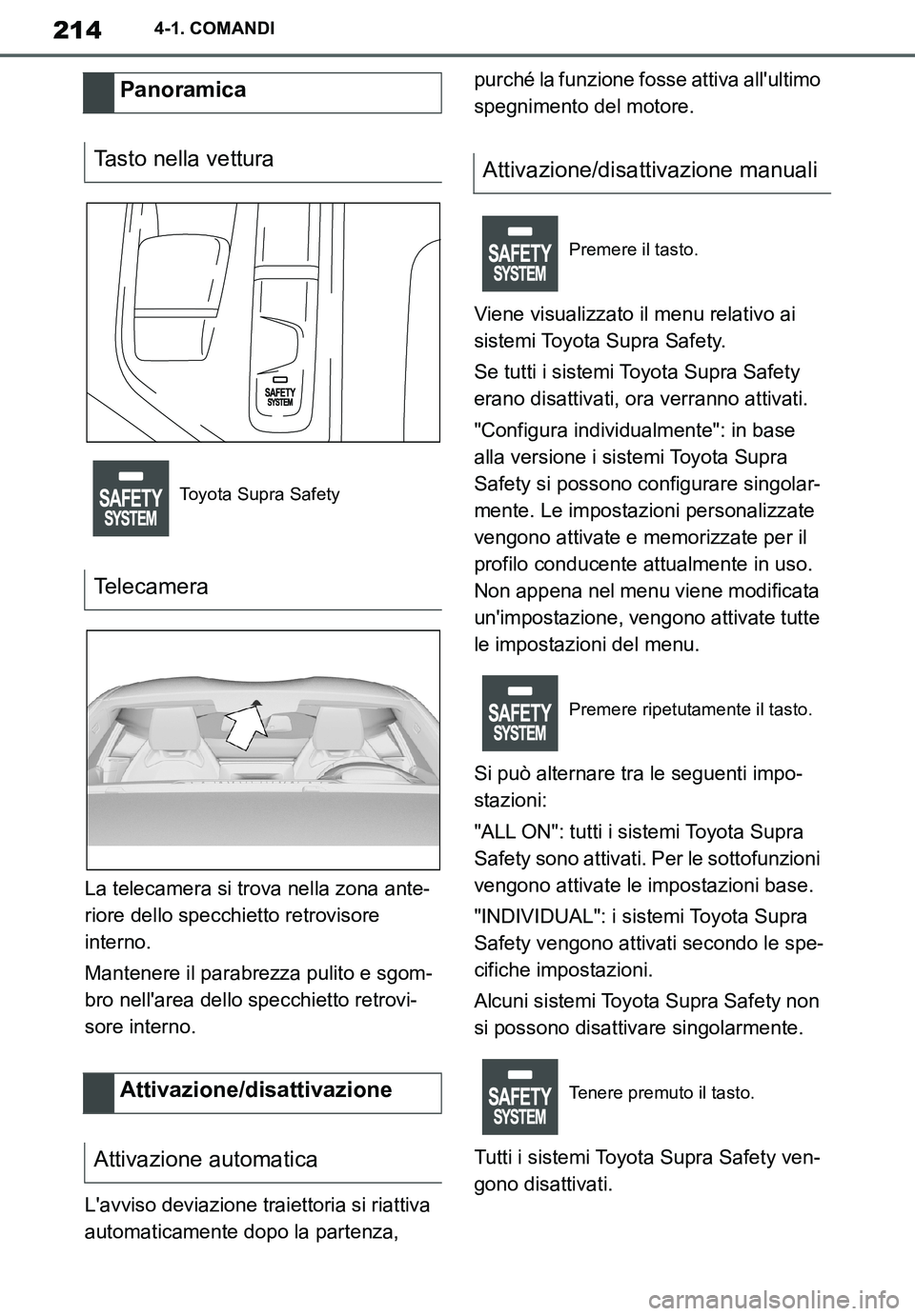 TOYOTA SUPRA 2020 Manuale duso (in Italian) 214
Supra Owners Manual_EL
4-1. COMANDI
La telecamera si trova nella zona ante-
riore dello specchietto retrovisore
interno.
Mantenere il parabrezza pulito e sgom-
bro nellarea dello specchietto re TOYOTA SUPRA 2020 Manuale duso (in Italian) 214
Supra Owners Manual_EL
4-1. COMANDI
La telecamera si trova nella zona ante-
riore dello specchietto retrovisore
interno.
Mantenere il parabrezza pulito e sgom-
bro nellarea dello specchietto re