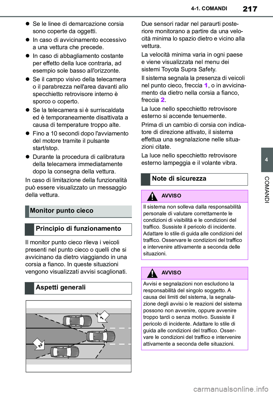 TOYOTA SUPRA 2020 Manuale duso (in Italian) 217
4
Supra Owners Manual_EL
4-1. COMANDI
COMANDI
Se le linee di demarcazione corsia
sono coperte da oggetti.
In caso di avvicinamento eccessivo
a una vettura che precede.
In caso di abbag TOYOTA SUPRA 2020 Manuale duso (in Italian) 217
4
Supra Owners Manual_EL
4-1. COMANDI
COMANDI
Se le linee di demarcazione corsia
sono coperte da oggetti.
In caso di avvicinamento eccessivo
a una vettura che precede.
In caso di abbag