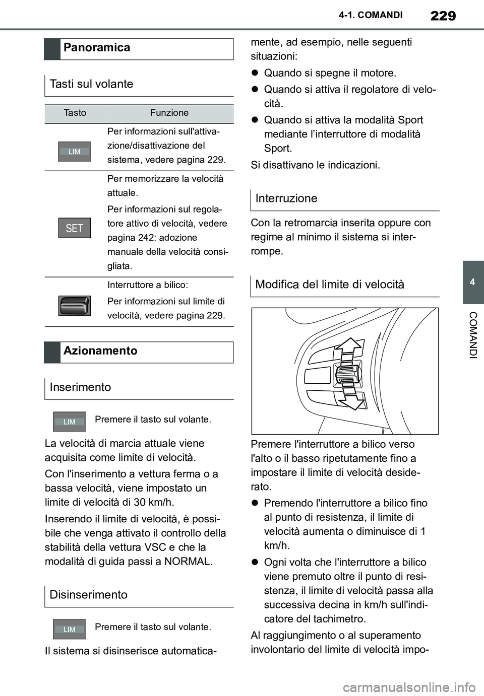 TOYOTA SUPRA 2020 Manuale duso (in Italian) 229
4
Supra Owners Manual_EL
4-1. COMANDI
COMANDI
La velocità di marcia attuale viene
acquisita come limite di velocità.
Con linserimento a vettura ferma o a
bassa velocità, viene impostato un TOYOTA SUPRA 2020 Manuale duso (in Italian) 229
4
Supra Owners Manual_EL
4-1. COMANDI
COMANDI
La velocità di marcia attuale viene
acquisita come limite di velocità.
Con linserimento a vettura ferma o a
bassa velocità, viene impostato un