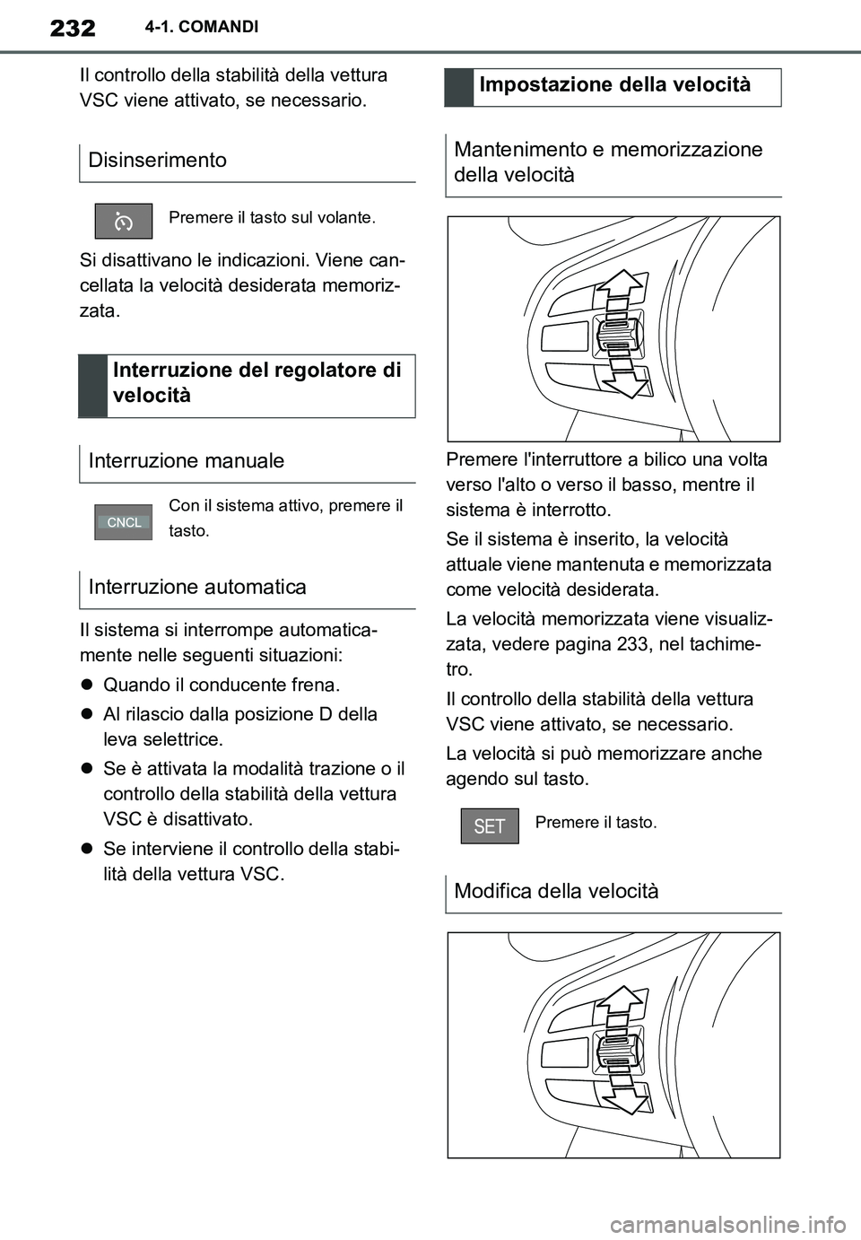 TOYOTA SUPRA 2020 Manuale duso (in Italian) 232
Supra Owners Manual_EL
4-1. COMANDI
Il controllo della stabilità della vettura
VSC viene attivato, se necessario.
Si disattivano le indicazioni. Viene can-
cellata la velocità desiderata memor TOYOTA SUPRA 2020 Manuale duso (in Italian) 232
Supra Owners Manual_EL
4-1. COMANDI
Il controllo della stabilità della vettura
VSC viene attivato, se necessario.
Si disattivano le indicazioni. Viene can-
cellata la velocità desiderata memor