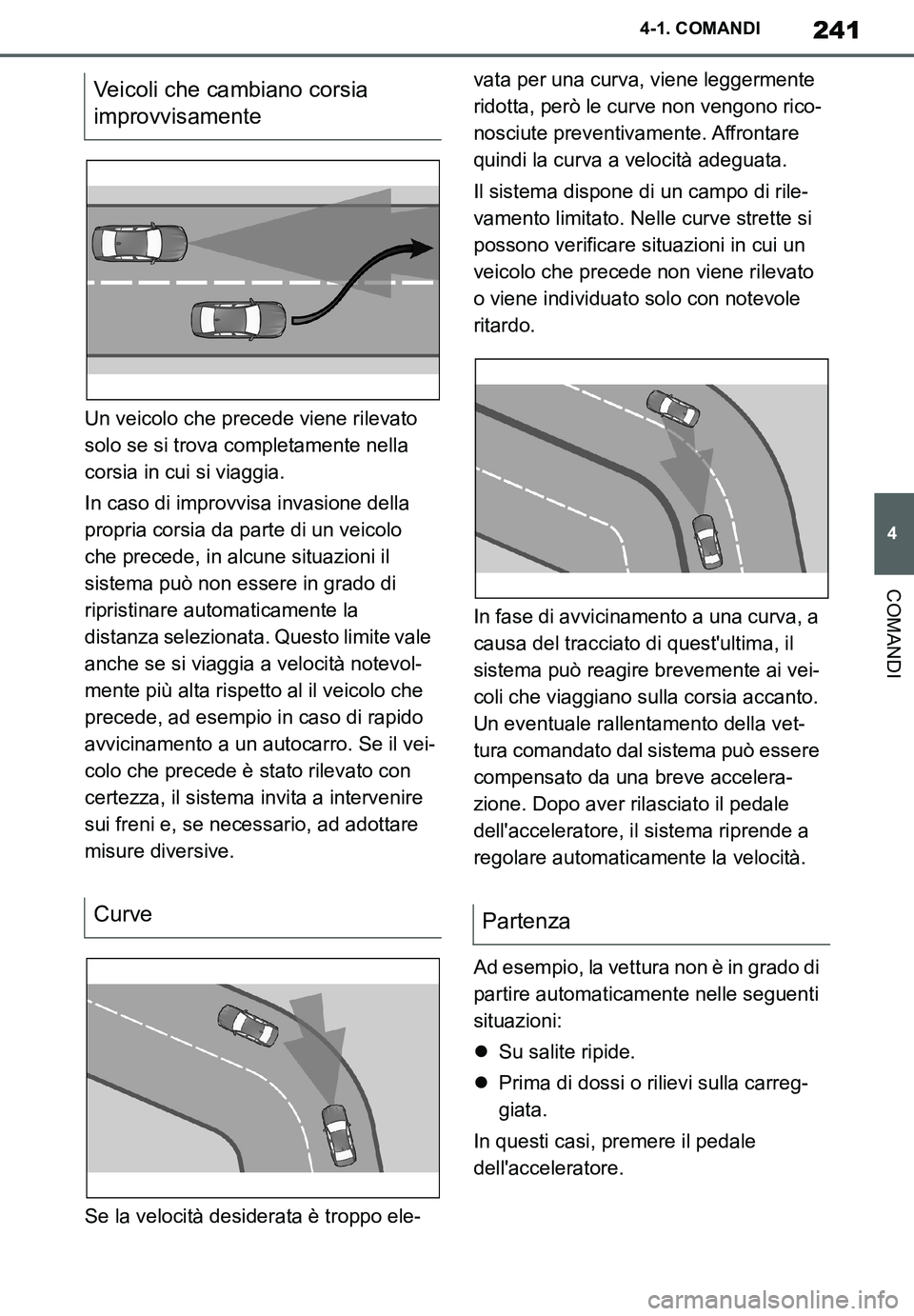TOYOTA SUPRA 2020 Manuale duso (in Italian) 241
4
Supra Owners Manual_EL
4-1. COMANDI
COMANDI
Un veicolo che precede viene rilevato
solo se si trova completamente nella
corsia in cui si viaggia.
In caso di improvvisa invasione della
propria TOYOTA SUPRA 2020 Manuale duso (in Italian) 241
4
Supra Owners Manual_EL
4-1. COMANDI
COMANDI
Un veicolo che precede viene rilevato
solo se si trova completamente nella
corsia in cui si viaggia.
In caso di improvvisa invasione della
propria