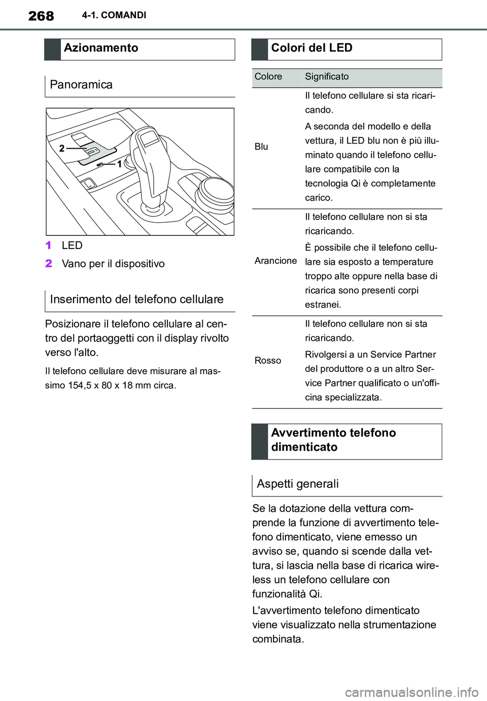 TOYOTA SUPRA 2020 Manuale duso (in Italian) 268
Supra Owners Manual_EL
4-1. COMANDI
1LED
2Vano per il dispositivo
Posizionare il telefono cellulare al cen-
tro del portaoggetti con il display rivolto
verso lalto.
Il telefono cellulare deve m TOYOTA SUPRA 2020 Manuale duso (in Italian) 268
Supra Owners Manual_EL
4-1. COMANDI
1LED
2Vano per il dispositivo
Posizionare il telefono cellulare al cen-
tro del portaoggetti con il display rivolto
verso lalto.
Il telefono cellulare deve m