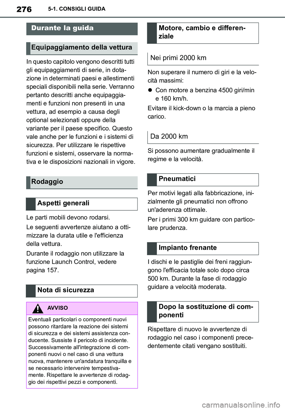 TOYOTA SUPRA 2020 Manuale duso (in Italian) 276
Supra Owners Manual_EL
5-1. CONSIGLI GUIDA
5-1.CONSIGLI GUIDA
In questo capitolo vengono descritti tutti
gli equipaggiamenti di serie, in dota-
zione in determinati paesi e allestimenti
special TOYOTA SUPRA 2020 Manuale duso (in Italian) 276
Supra Owners Manual_EL
5-1. CONSIGLI GUIDA
5-1.CONSIGLI GUIDA
In questo capitolo vengono descritti tutti
gli equipaggiamenti di serie, in dota-
zione in determinati paesi e allestimenti
special