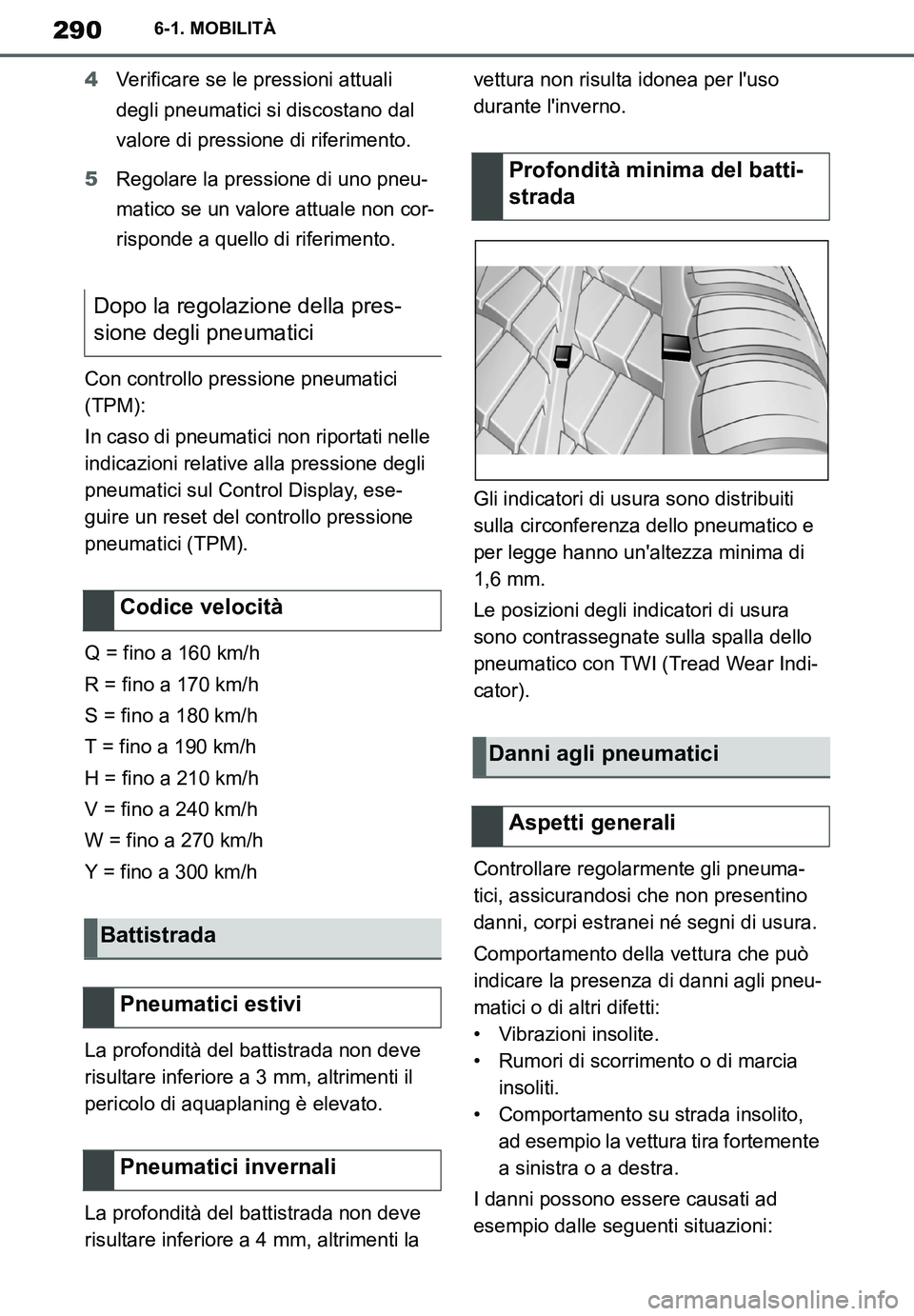 TOYOTA SUPRA 2020 Manuale duso (in Italian) 290
Supra Owners Manual
6-1. MOBILITÀ
4Verificare se le pressioni attuali
degli pneumatici si discostano dal
valore di pressione di riferimento.
5Regolare la pressione di uno pneu-
matico se un va TOYOTA SUPRA 2020 Manuale duso (in Italian) 290
Supra Owners Manual
6-1. MOBILITÀ
4Verificare se le pressioni attuali
degli pneumatici si discostano dal
valore di pressione di riferimento.
5Regolare la pressione di uno pneu-
matico se un va