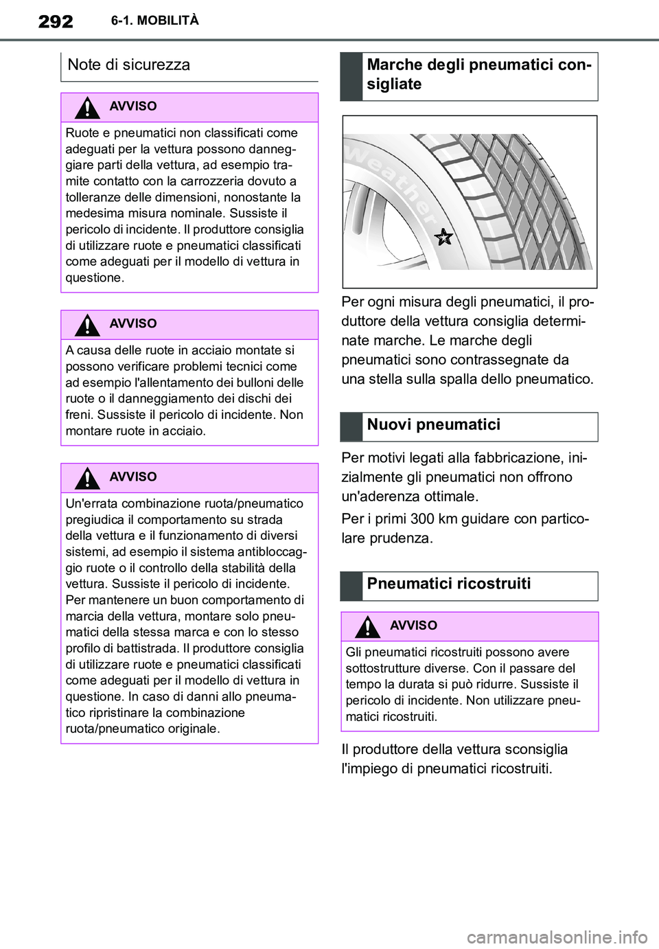 TOYOTA SUPRA 2020 Manuale duso (in Italian) 292
Supra Owners Manual
6-1. MOBILITÀ
Per ogni misura degli pneumatici, il pro-
duttore della vettura consiglia determi-
nate marche. Le marche degli
pneumatici sono contrassegnate da
una stella s TOYOTA SUPRA 2020 Manuale duso (in Italian) 292
Supra Owners Manual
6-1. MOBILITÀ
Per ogni misura degli pneumatici, il pro-
duttore della vettura consiglia determi-
nate marche. Le marche degli
pneumatici sono contrassegnate da
una stella s