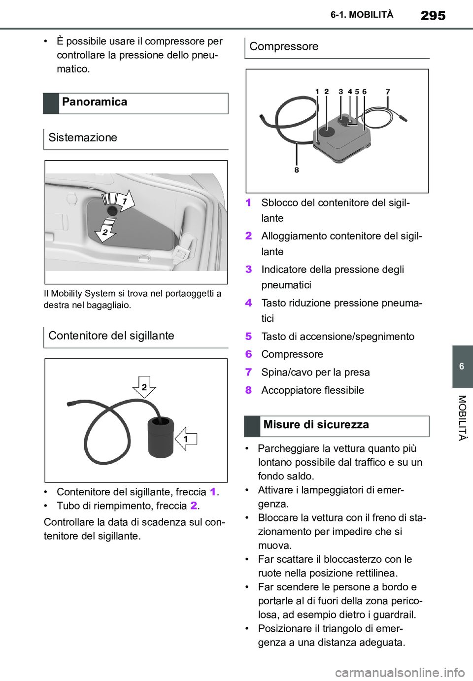TOYOTA SUPRA 2020 Manuale duso (in Italian) 295
6
Supra Owners Manual
6-1. MOBILITÀ
MOBILITÀ
• È possibile usare il compressore per
controllare la pressione dello pneu-
matico.
Il Mobility System si trova nel portaoggetti a
destra nel b TOYOTA SUPRA 2020 Manuale duso (in Italian) 295
6
Supra Owners Manual
6-1. MOBILITÀ
MOBILITÀ
• È possibile usare il compressore per
controllare la pressione dello pneu-
matico.
Il Mobility System si trova nel portaoggetti a
destra nel b