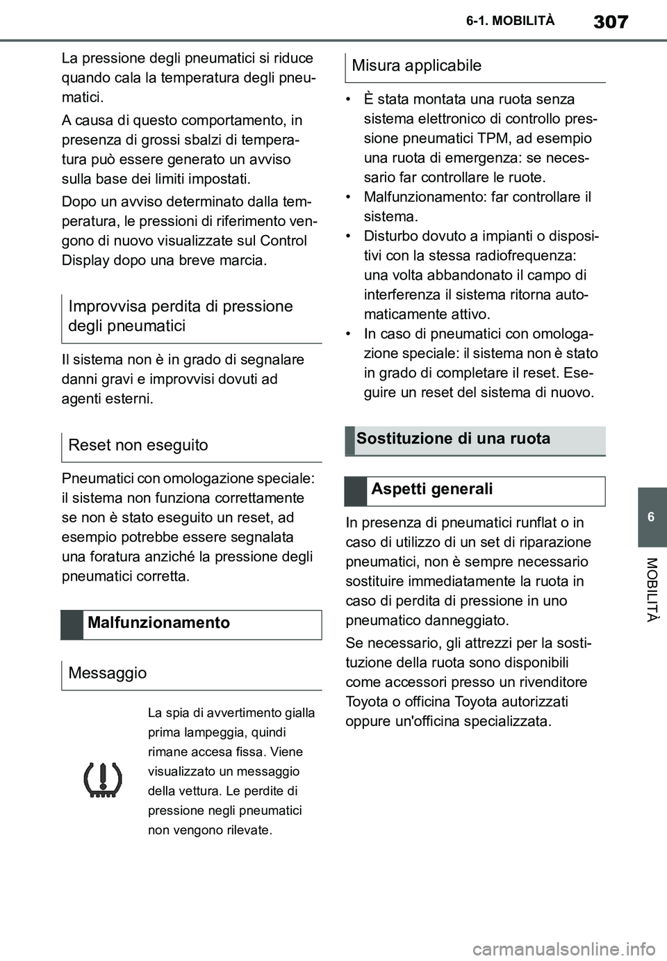 TOYOTA SUPRA 2020 Manuale duso (in Italian) 307
6
Supra Owners Manual
6-1. MOBILITÀ
MOBILITÀ
La pressione degli pneumatici si riduce
quando cala la temperatura degli pneu-
matici.
A causa di questo comportamento, in
presenza di grossi sbal TOYOTA SUPRA 2020 Manuale duso (in Italian) 307
6
Supra Owners Manual
6-1. MOBILITÀ
MOBILITÀ
La pressione degli pneumatici si riduce
quando cala la temperatura degli pneu-
matici.
A causa di questo comportamento, in
presenza di grossi sbal
