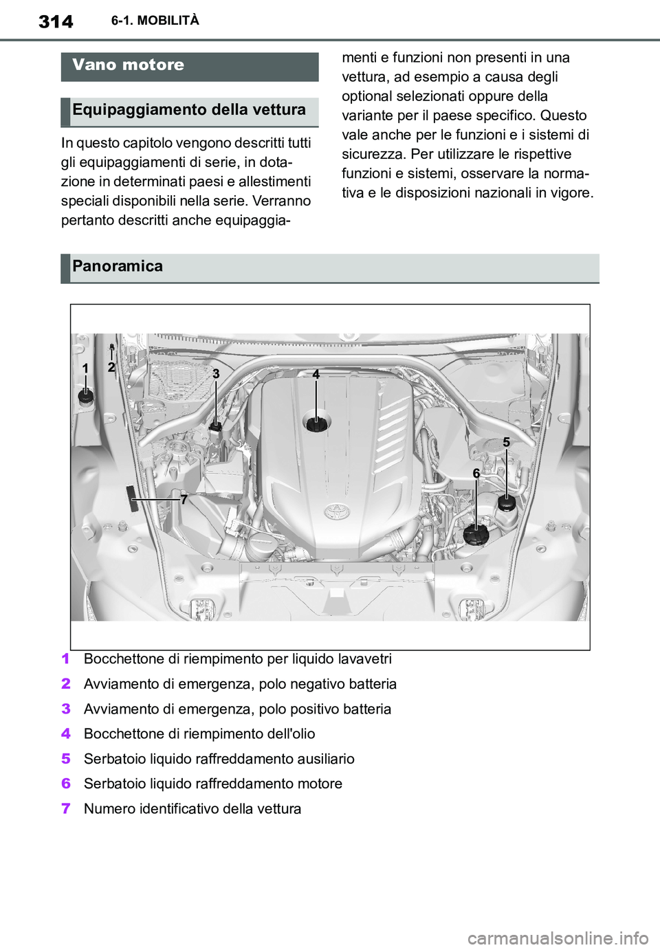 TOYOTA SUPRA 2020 Manuale duso (in Italian) 314
Supra Owners Manual
6-1. MOBILITÀ
In questo capitolo vengono descritti tutti
gli equipaggiamenti di serie, in dota-
zione in determinati paesi e allestimenti
speciali disponibili nella serie. TOYOTA SUPRA 2020 Manuale duso (in Italian) 314
Supra Owners Manual
6-1. MOBILITÀ
In questo capitolo vengono descritti tutti
gli equipaggiamenti di serie, in dota-
zione in determinati paesi e allestimenti
speciali disponibili nella serie.
