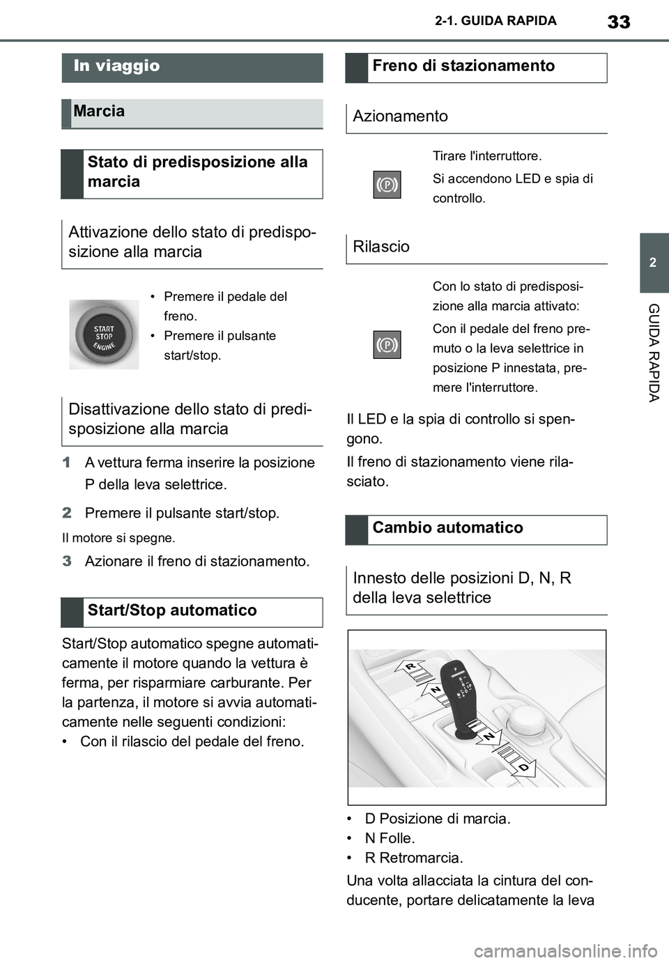 TOYOTA SUPRA 2020  Manuale duso (in Italian) 33
2
Supra Owners Manual_EL
2-1. GUIDA RAPIDA
GUIDA RAPIDA
1A vettura ferma inserire la posizione 
P della leva selettrice.
2Premere il pulsante start/stop.
Il motore si spegne.
3Azionare il freno di