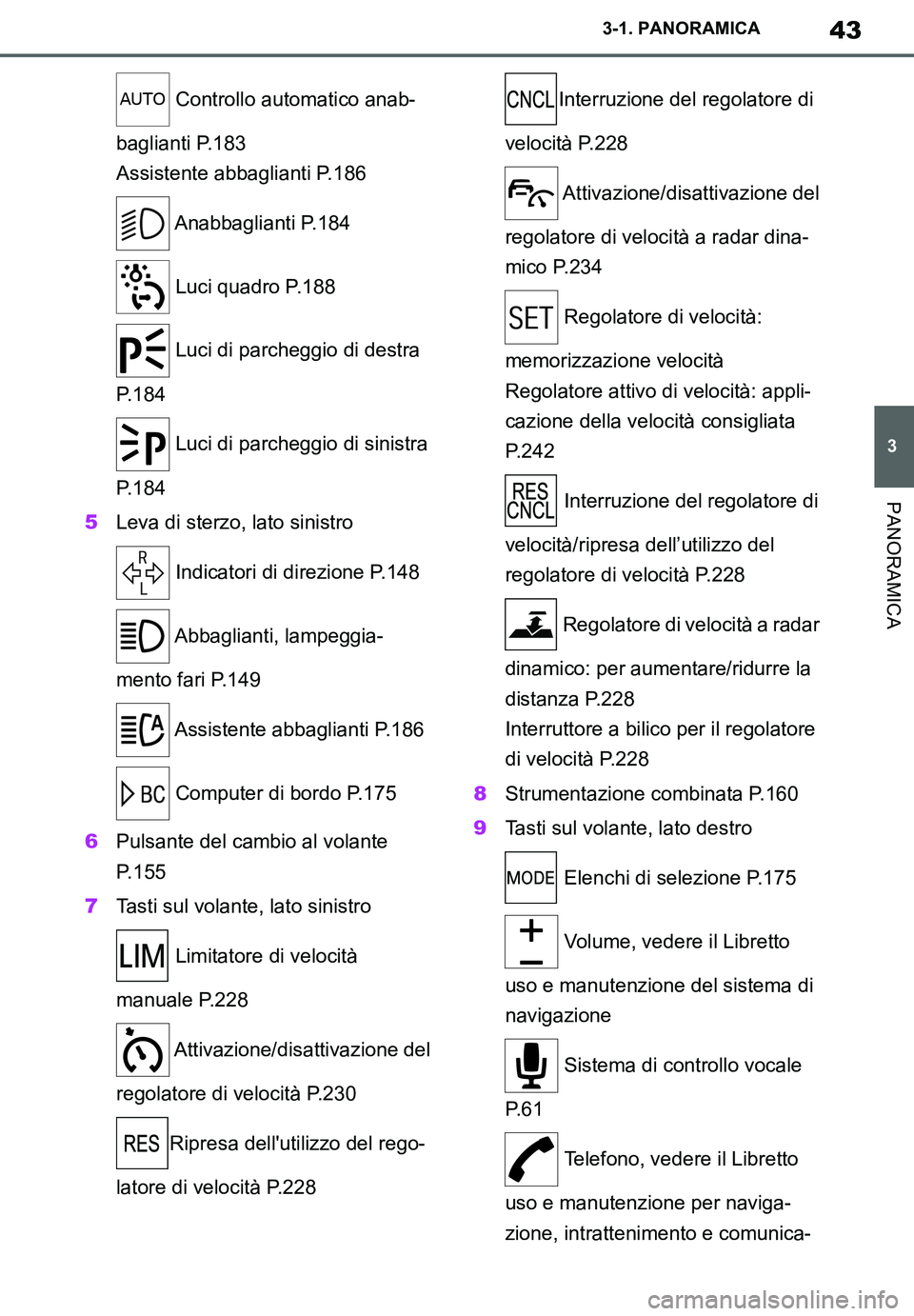 TOYOTA SUPRA 2020  Manuale duso (in Italian) 43
3
Supra Owners Manual_EL
3-1. PANORAMICA
PANORAMICA
 Controllo automatico anab-
baglianti P.183
Assistente abbaglianti P.186
 Anabbaglianti P.184
 Luci quadro P.188
 Luci di parcheggio di destra 
