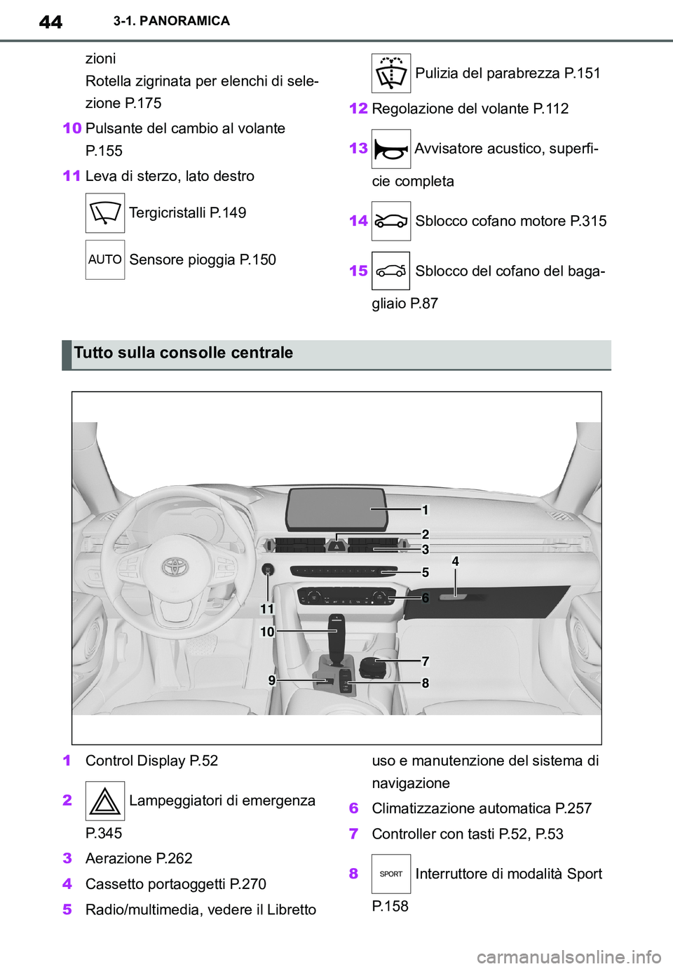 TOYOTA SUPRA 2020  Manuale duso (in Italian) 44
Supra Owners Manual_EL
3-1. PANORAMICA
zioni 
Rotella zigrinata per elenchi di sele-
zione P.175
10Pulsante del cambio al volante 
P.155
11Leva di sterzo, lato destro
 Tergicristalli P.149
 Sensor