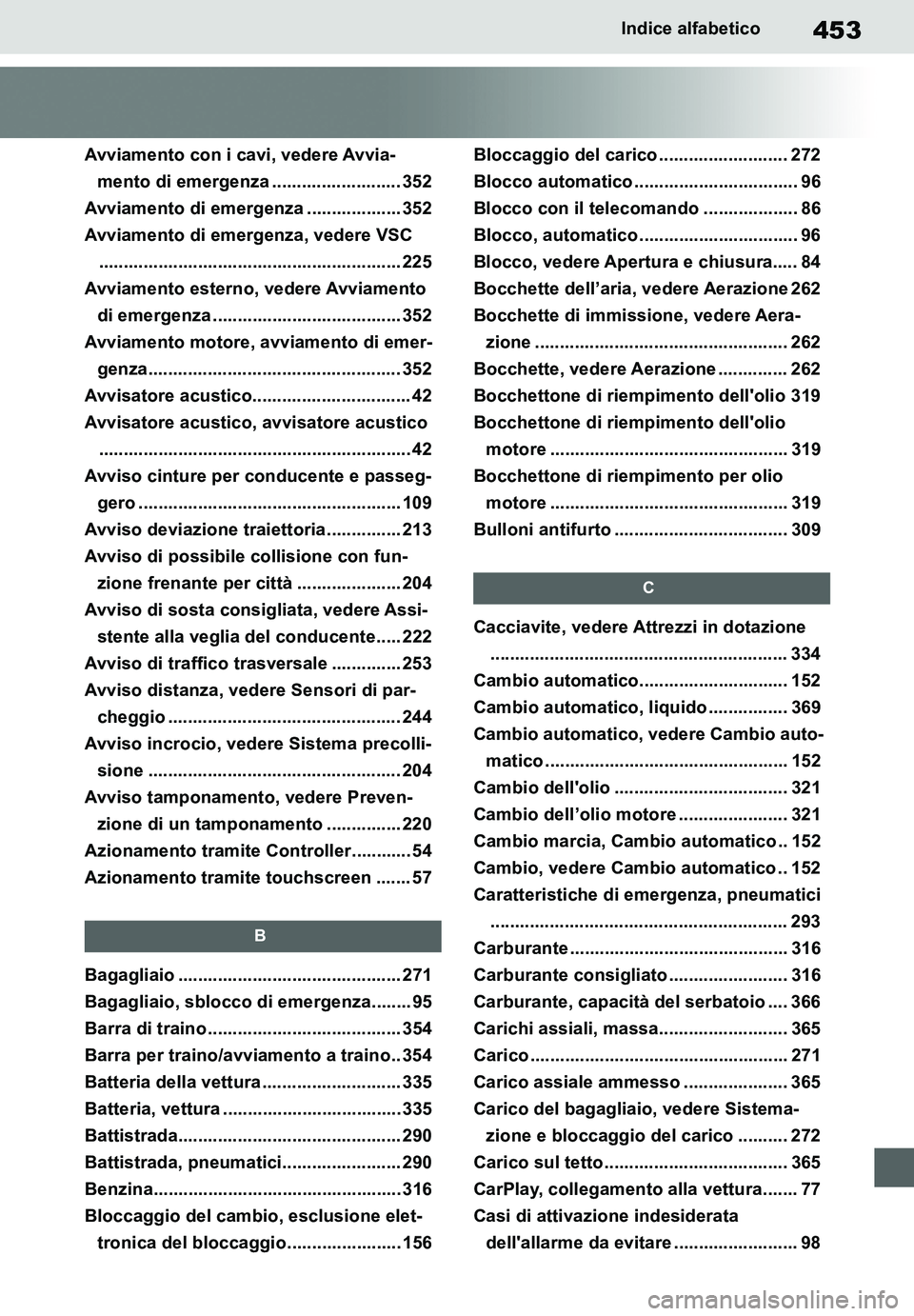 TOYOTA SUPRA 2020 Manuale duso (in Italian) 453
Supra Owners Manual_EL
Indice alfabetico
Avviamento con i cavi, vedere Avvia-
mento di emergenza .......................... 352
Avviamento di emergenza ................... 352
Avviamento di emerg TOYOTA SUPRA 2020 Manuale duso (in Italian) 453
Supra Owners Manual_EL
Indice alfabetico
Avviamento con i cavi, vedere Avvia-
mento di emergenza .......................... 352
Avviamento di emergenza ................... 352
Avviamento di emerg