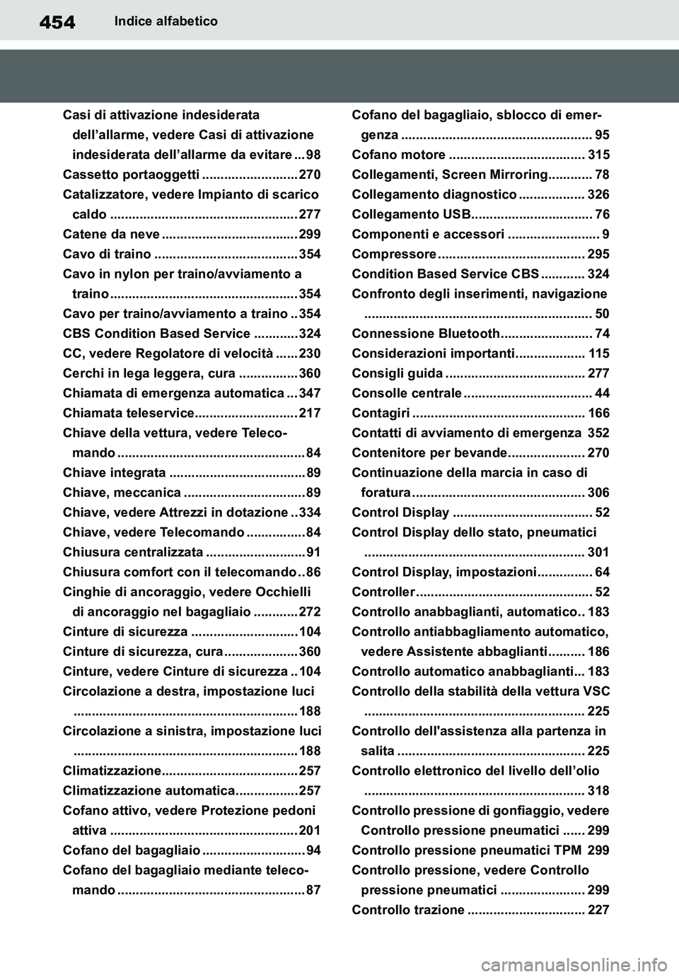 TOYOTA SUPRA 2020 Manuale duso (in Italian) 454
Supra Owners Manual_EL
Indice alfabetico
Casi di attivazione indesiderata
dell’allarme, vedere Casi di attivazione
indesiderata dell’allarme da evitare ... 98
Cassetto portaoggetti ........ TOYOTA SUPRA 2020 Manuale duso (in Italian) 454
Supra Owners Manual_EL
Indice alfabetico
Casi di attivazione indesiderata
dell’allarme, vedere Casi di attivazione
indesiderata dell’allarme da evitare ... 98
Cassetto portaoggetti ........