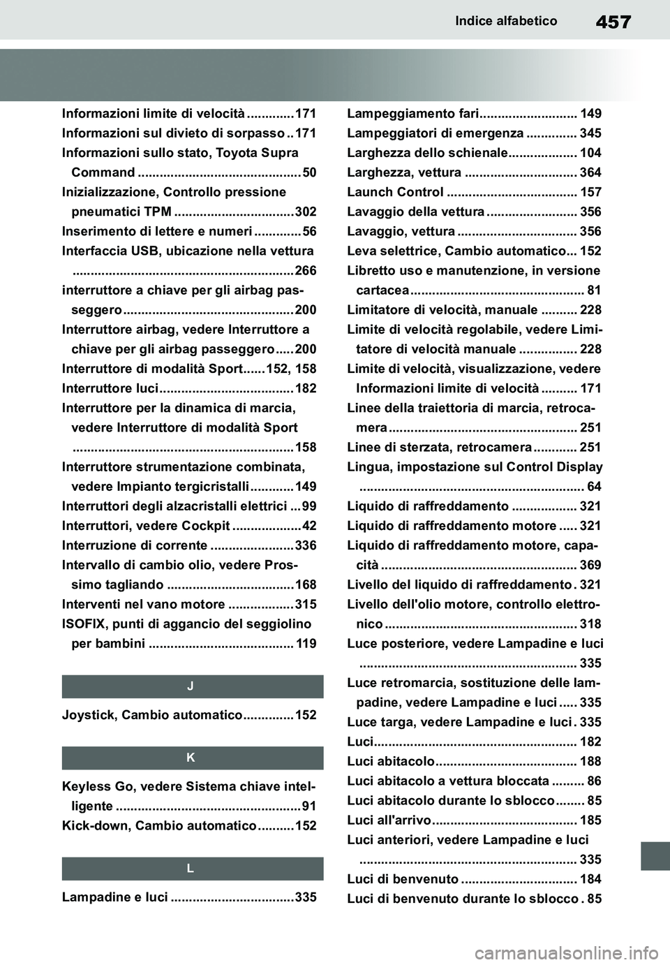 TOYOTA SUPRA 2020 Manuale duso (in Italian) 457
Supra Owners Manual_EL
Indice alfabetico
Informazioni limite di velocità ............. 171
Informazioni sul divieto di sorpasso .. 171
Informazioni sullo stato, Toyota Supra
Command ........... TOYOTA SUPRA 2020 Manuale duso (in Italian) 457
Supra Owners Manual_EL
Indice alfabetico
Informazioni limite di velocità ............. 171
Informazioni sul divieto di sorpasso .. 171
Informazioni sullo stato, Toyota Supra
Command ...........