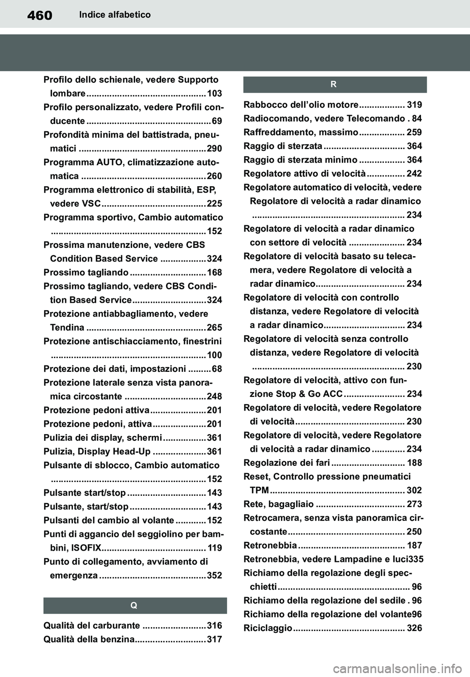 TOYOTA SUPRA 2020 Manuale duso (in Italian) 460
Supra Owners Manual_EL
Indice alfabetico
Profilo dello schienale, vedere Supporto
lombare ............................................... 103
Profilo personalizzato, vedere Profili con-
ducente TOYOTA SUPRA 2020 Manuale duso (in Italian) 460
Supra Owners Manual_EL
Indice alfabetico
Profilo dello schienale, vedere Supporto
lombare ............................................... 103
Profilo personalizzato, vedere Profili con-
ducente