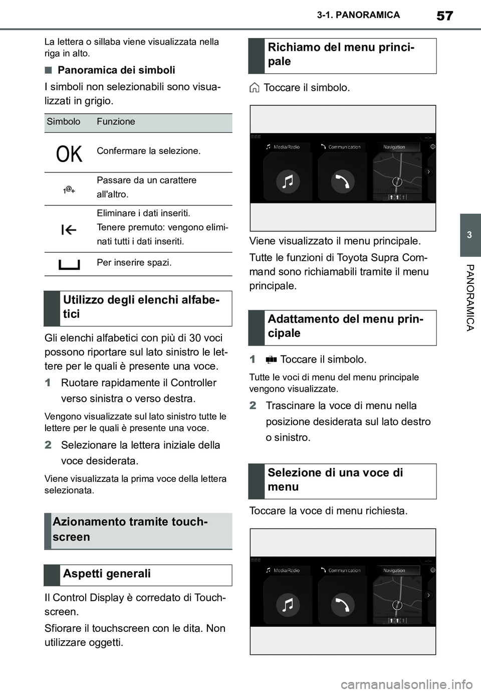 TOYOTA SUPRA 2020  Manuale duso (in Italian) 57
3
Supra Owners Manual_EL
3-1. PANORAMICA
PANORAMICA
La lettera o sillaba viene visualizzata nella 
riga in alto.
■Panoramica dei simboli
I simboli non selezionabili sono visua-
lizzati in grigio