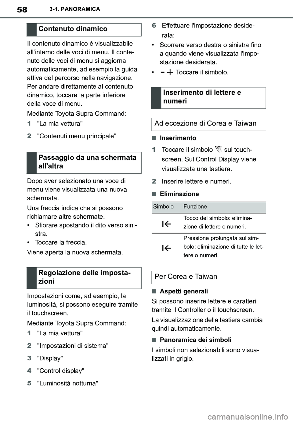 TOYOTA SUPRA 2020  Manuale duso (in Italian) 58
Supra Owners Manual_EL
3-1. PANORAMICA
Il contenuto dinamico è visualizzabile 
all’interno delle voci di menu. Il conte-
nuto delle voci di menu si aggiorna 
automaticamente, ad esempio la guid