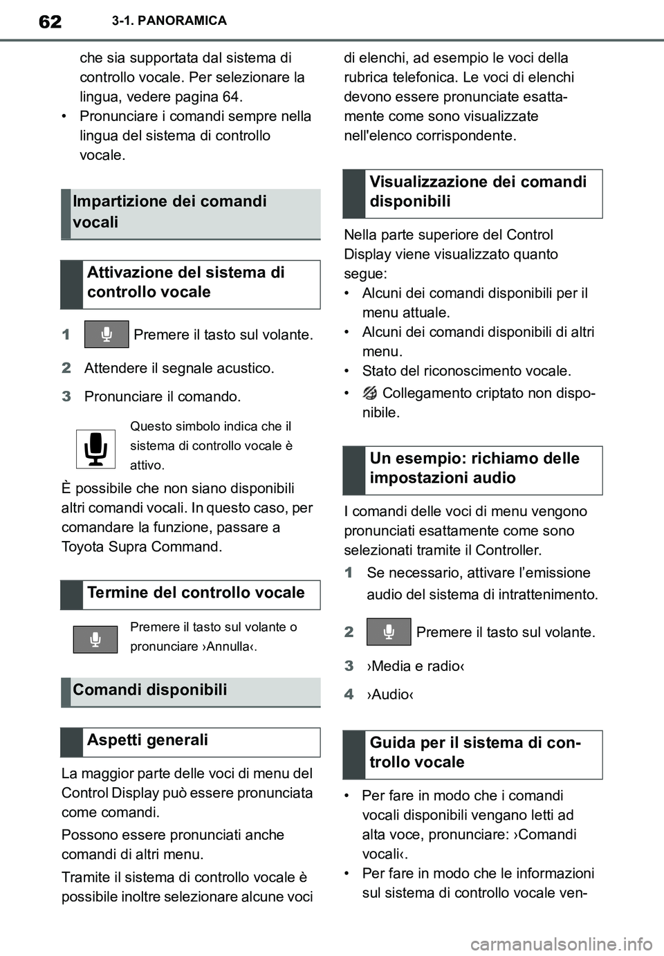 TOYOTA SUPRA 2020  Manuale duso (in Italian) 62
Supra Owners Manual_EL
3-1. PANORAMICA
che sia supportata dal sistema di 
controllo vocale. Per selezionare la 
lingua, vedere pagina 64.
• Pronunciare i comandi sempre nella 
lingua del sistema