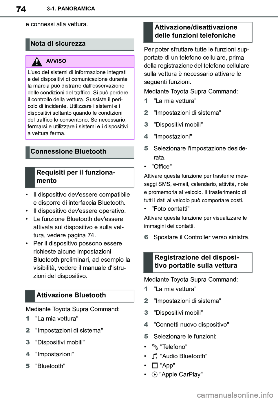 TOYOTA SUPRA 2020  Manuale duso (in Italian) 74
Supra Owners Manual_EL
3-1. PANORAMICA
e connessi alla vettura.
• Il dispositivo devessere compatibile 
e disporre di interfaccia Bluetooth.
• Il dispositivo devessere operativo.
• La funz