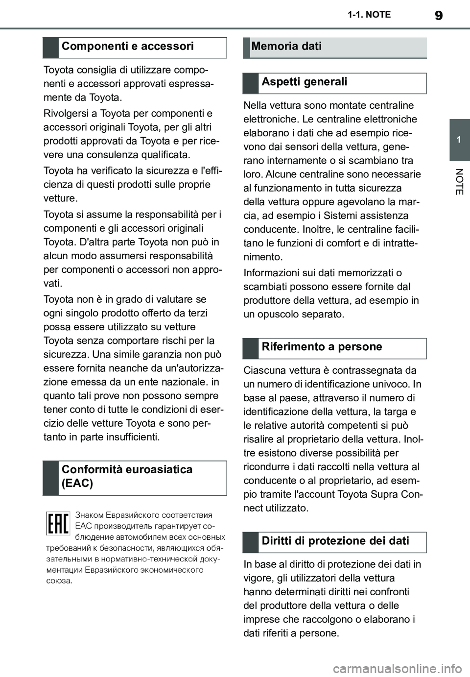 TOYOTA SUPRA 2020 Manuale duso (in Italian) 9
1
Supra Owners Manual_EL
1-1. NOTE
NOTE
Toyota consiglia di utilizzare compo-
nenti e accessori approvati espressa-
mente da Toyota.
Rivolgersi a Toyota per componenti e
accessori originali Toyota TOYOTA SUPRA 2020 Manuale duso (in Italian) 9
1
Supra Owners Manual_EL
1-1. NOTE
NOTE
Toyota consiglia di utilizzare compo-
nenti e accessori approvati espressa-
mente da Toyota.
Rivolgersi a Toyota per componenti e
accessori originali Toyota