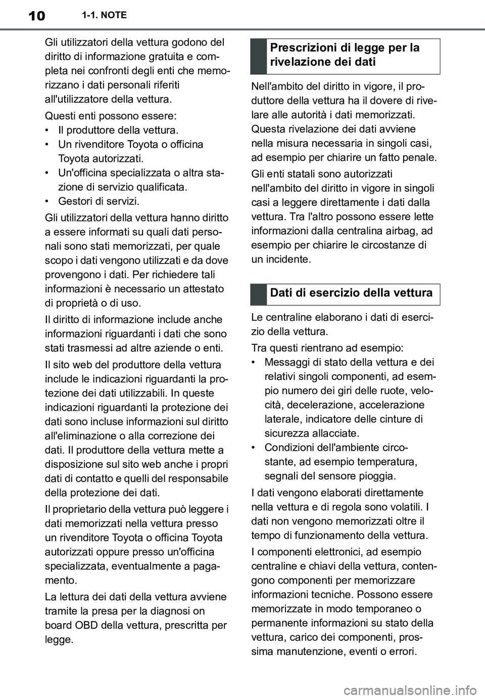 TOYOTA SUPRA 2020  Manuale duso (in Italian) 10
Supra Owners Manual_EL
1-1. NOTE
Gli utilizzatori della vettura godono del 
diritto di informazione gratuita e com-
pleta nei confronti degli enti che memo-
rizzano i dati personali riferiti 
all