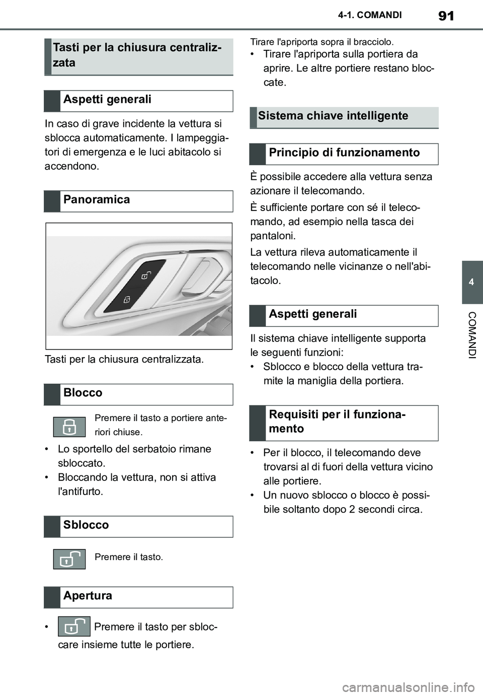 TOYOTA SUPRA 2020 Manuale duso (in Italian) 91
4
Supra Owners Manual_EL
4-1. COMANDI
COMANDI
In caso di grave incidente la vettura si
sblocca automaticamente. I lampeggia-
tori di emergenza e le luci abitacolo si
accendono.
Tasti per la chiu TOYOTA SUPRA 2020 Manuale duso (in Italian) 91
4
Supra Owners Manual_EL
4-1. COMANDI
COMANDI
In caso di grave incidente la vettura si
sblocca automaticamente. I lampeggia-
tori di emergenza e le luci abitacolo si
accendono.
Tasti per la chiu