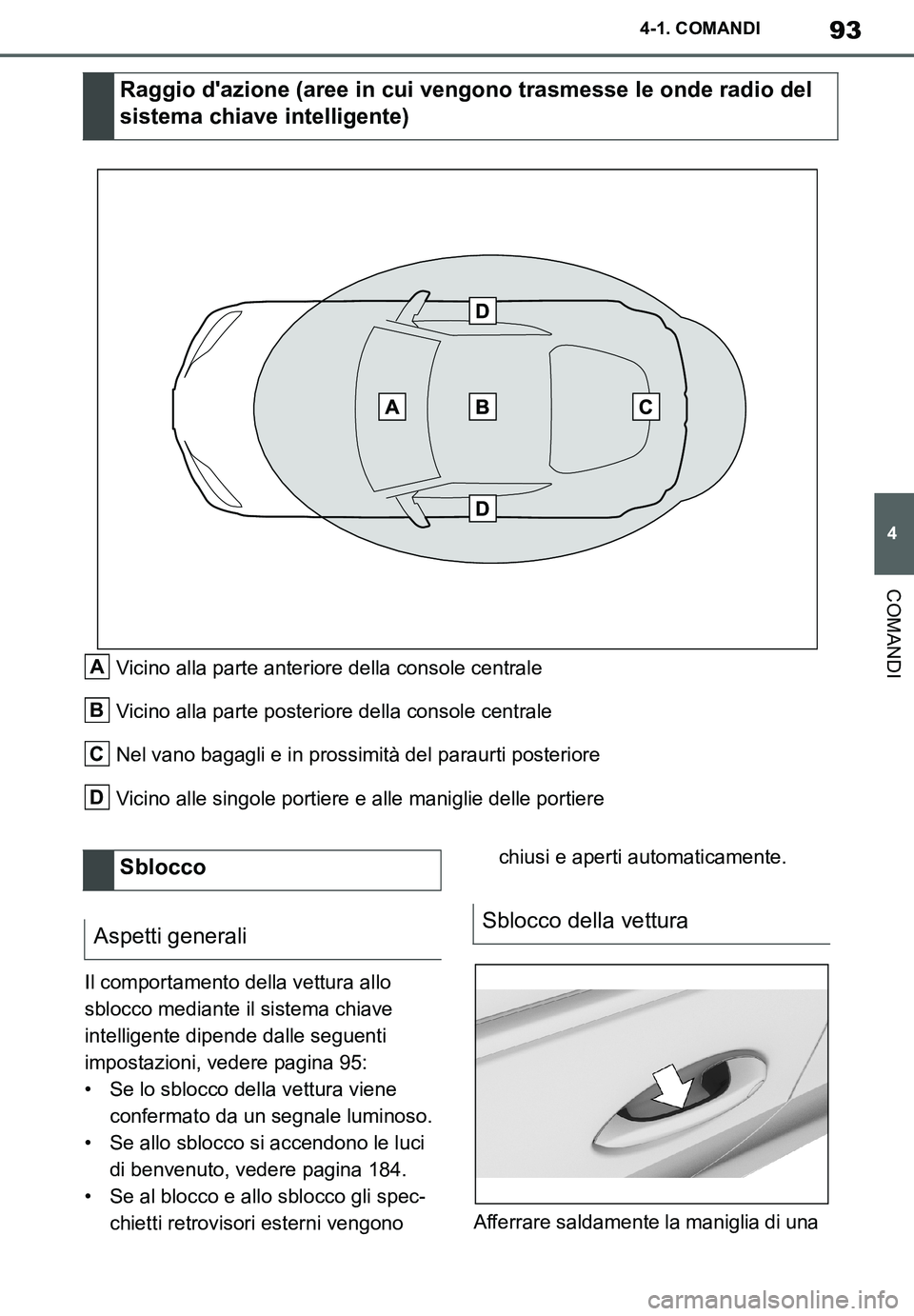TOYOTA SUPRA 2020 Manuale duso (in Italian) 93
4
Supra Owners Manual_EL
4-1. COMANDI
COMANDI
Vicino alla parte anteriore della console centrale
Vicino alla parte posteriore della console centrale
Nel vano bagagli e in prossimità del paraurti TOYOTA SUPRA 2020 Manuale duso (in Italian) 93
4
Supra Owners Manual_EL
4-1. COMANDI
COMANDI
Vicino alla parte anteriore della console centrale
Vicino alla parte posteriore della console centrale
Nel vano bagagli e in prossimità del paraurti