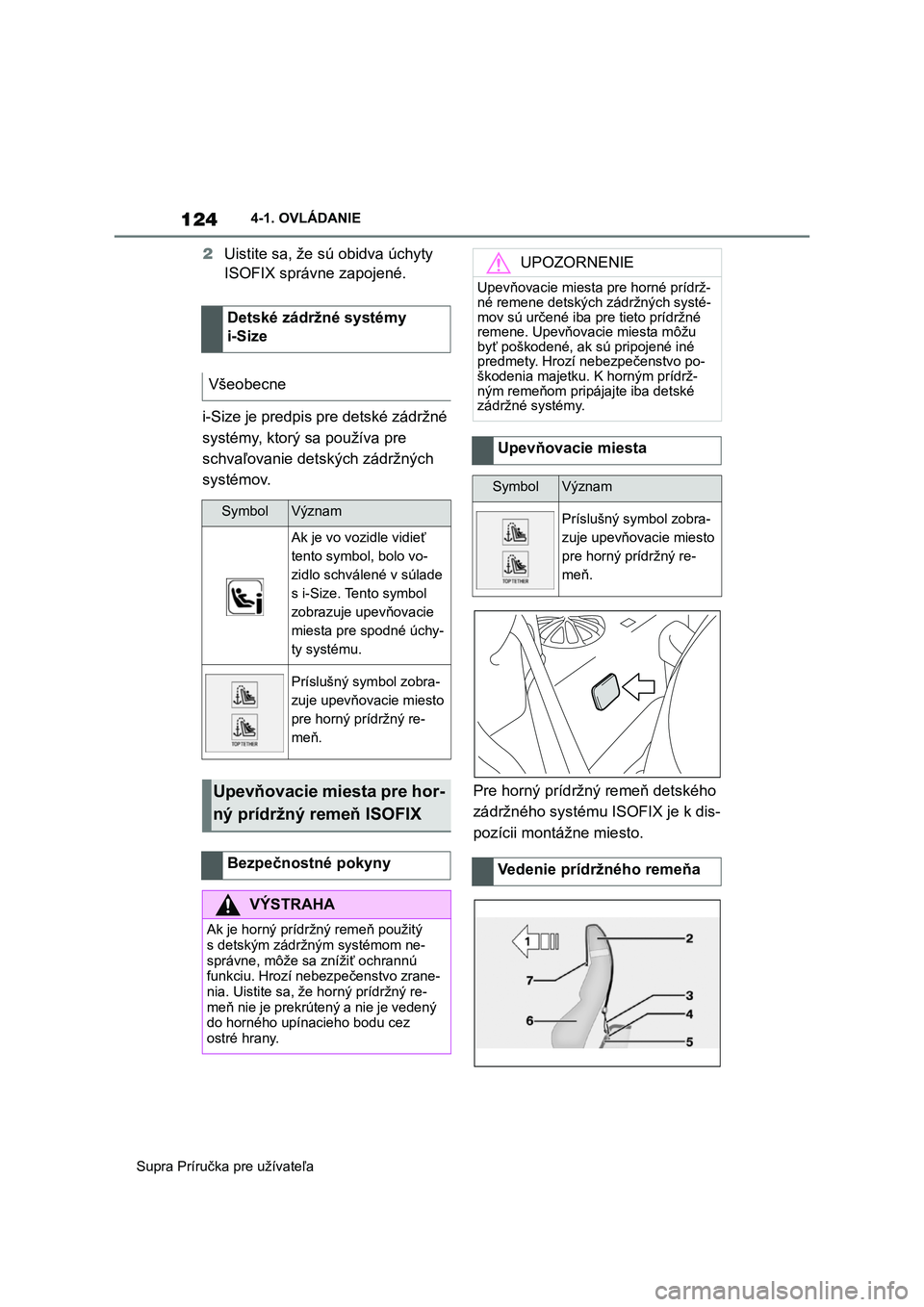 TOYOTA SUPRA 2020  Návod na použitie (in Slovakian) 124
Supra Príručka pre užívateľa 
4-1. OVLÁDANIE
2 Uistite sa, že sú obidva úchyty  
ISOFIX správne zapojené. 
i-Size je predpis pre detské zádržné  
systémy, ktorý sa používa pre 
