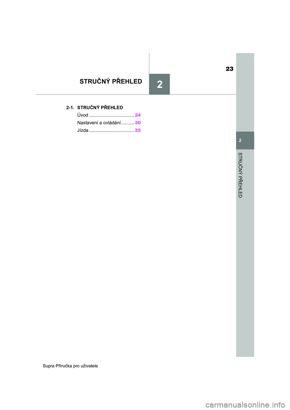 TOYOTA SUPRA 2020  Návod na použití (in Czech) 2
23
Supra Příručka pro uživatele
2
STRUČNÝ PŘEHLED
STRUČNÝ PŘEHLED
.2-1. STRUČNÝ PŘEHLED
Úvod ...................................24
Nastavení a ovládání ..........30
Jízda ........