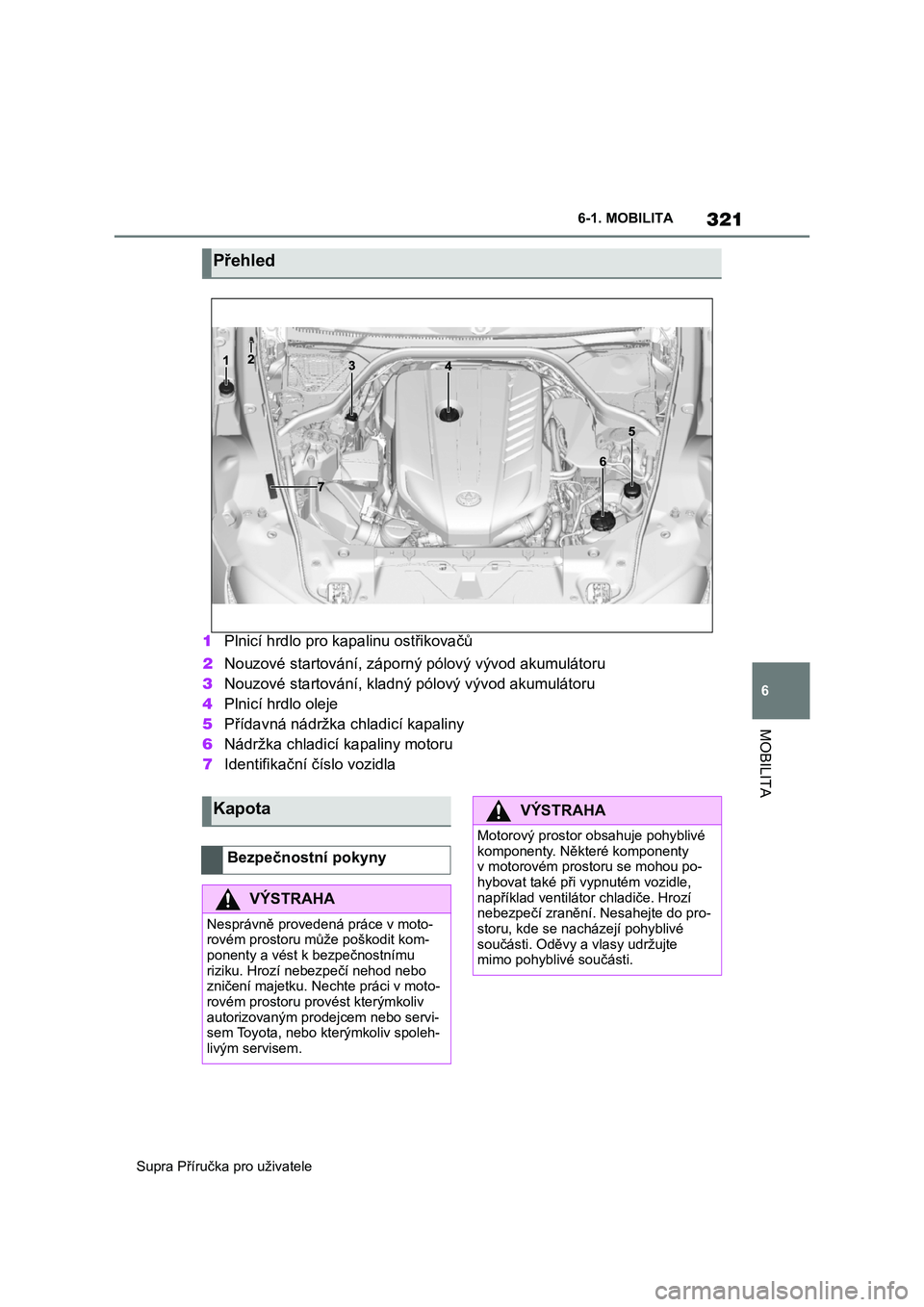 TOYOTA SUPRA 2020  Návod na použití (in Czech) 321
6 
Supra Příručka pro uživatele 
6-1. MOBILITA
MOBILITA
1 Plnicí hrdlo pro kapalinu ostřikovačů 
2 Nouzové startování, záporný pólový vývod akumulátoru 
3 Nouzové startování, k