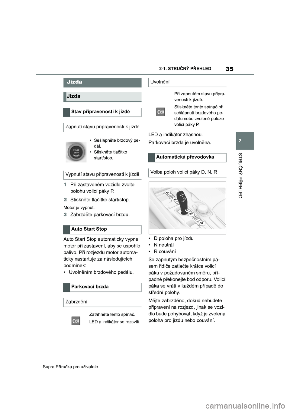 TOYOTA SUPRA 2020  Návod na použití (in Czech) 35
2 
Supra Příručka pro uživatele 
2-1. STRUČNÝ PŘEHLED
STRUČNÝ PŘEHLED
1 Při zastaveném vozidle zvolte  
polohu volicí páky P. 
2 Stiskněte tlačítko start/stop.
Motor je vypnut.
3Za