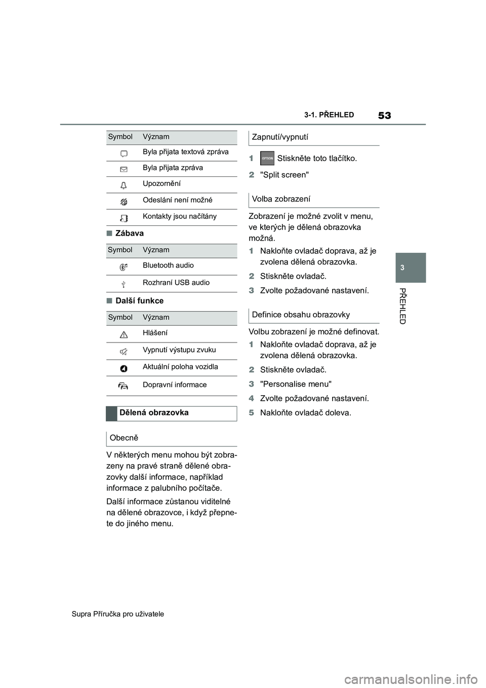 TOYOTA SUPRA 2020  Návod na použití (in Czech) 53
3 
Supra Příručka pro uživatele 
3-1. PŘEHLED
PŘEHLED
■Zábava
■Další funkce 
V některých menu mohou být zobra- 
zeny na pravé straně dělené obra-
zovky další informace, např�
