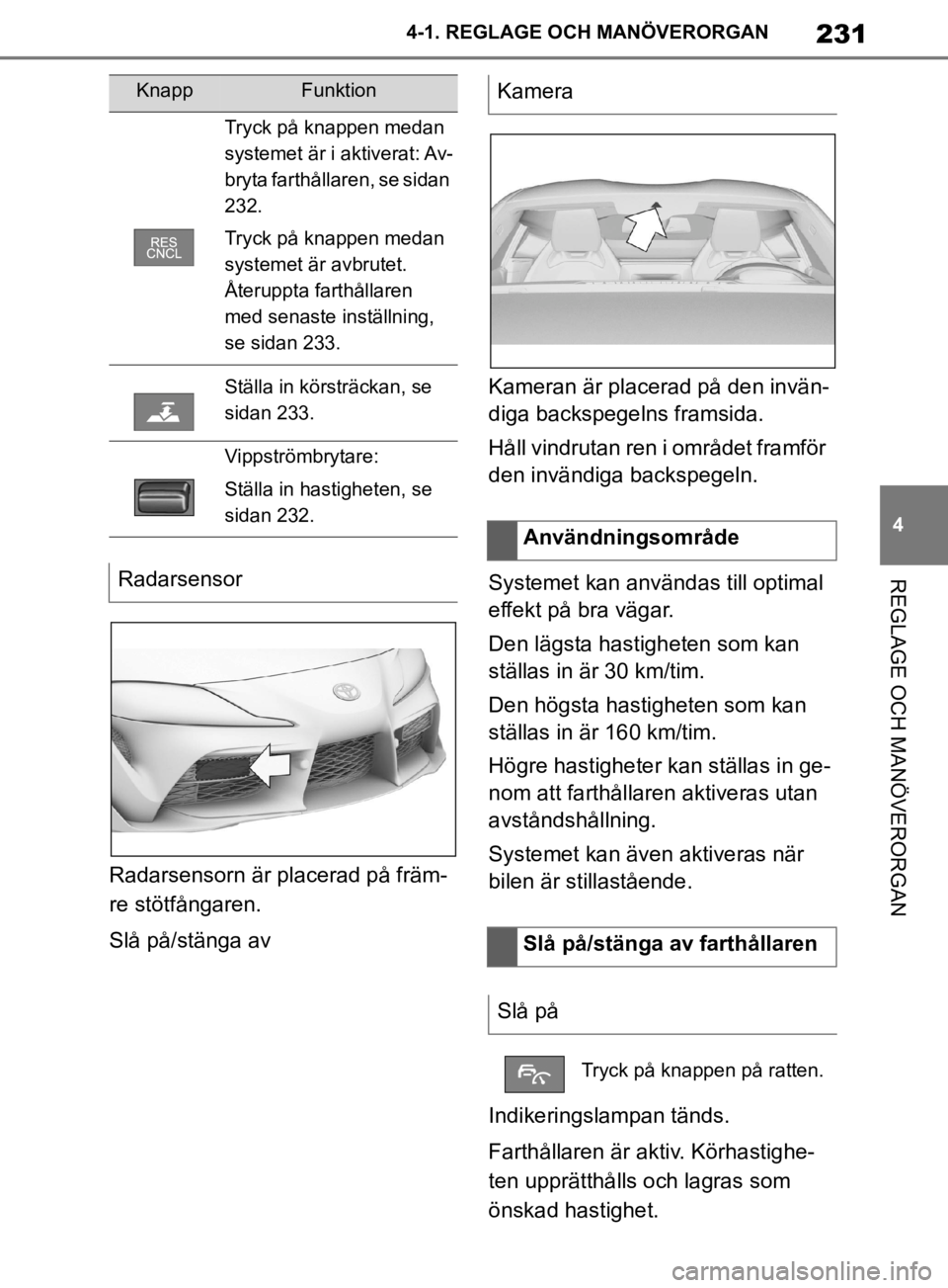 TOYOTA SUPRA 2020  Bruksanvisningar (in Swedish) 231
4
Supras instruktionsbok 4-1. REGLAGE O
CH MANÖVERORGAN
REGLAGE OCH MANÖVERORGAN
Radarsensorn är placerad på främ-
re stötfångaren.
Slå på/stänga av Kameran är placerad på den invän-
