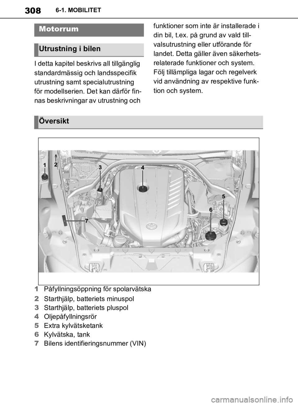 TOYOTA SUPRA 2020  Bruksanvisningar (in Swedish) 308
Supras instruktionsbok6-1. MOBILITET
I detta kapitel beskri
vs all tillgänglig 
standardmässig och landsspecifik 
utrustning samt specialutrustning 
för modellserien. Det kan därför fin-
nas 