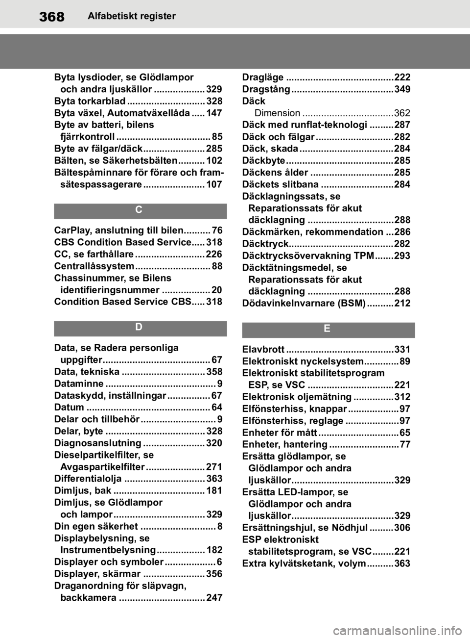 TOYOTA SUPRA 2020 Bruksanvisningar (in Swedish) 368
Supras instruktionsbokAlfabetisk
t register
Byta lysdioder, se Glödlampor och andra ljuskällor ................... 329
Byta torkarblad ............................. 328
Byta växel, Automatväx TOYOTA SUPRA 2020 Bruksanvisningar (in Swedish) 368
Supras instruktionsbokAlfabetisk
t register
Byta lysdioder, se Glödlampor och andra ljuskällor ................... 329
Byta torkarblad ............................. 328
Byta växel, Automatväx