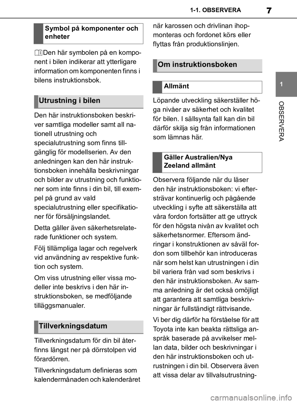 TOYOTA SUPRA 2020  Bruksanvisningar (in Swedish) 7
1
Supras instruktionsbok 1-1. OBSERVERA
OBSERVERA
Den här symbolen på en kompo-
nent i bilen indikerar att ytterligare 
information om komponenten finns i 
bilens instruktionsbok.
Den här instruk