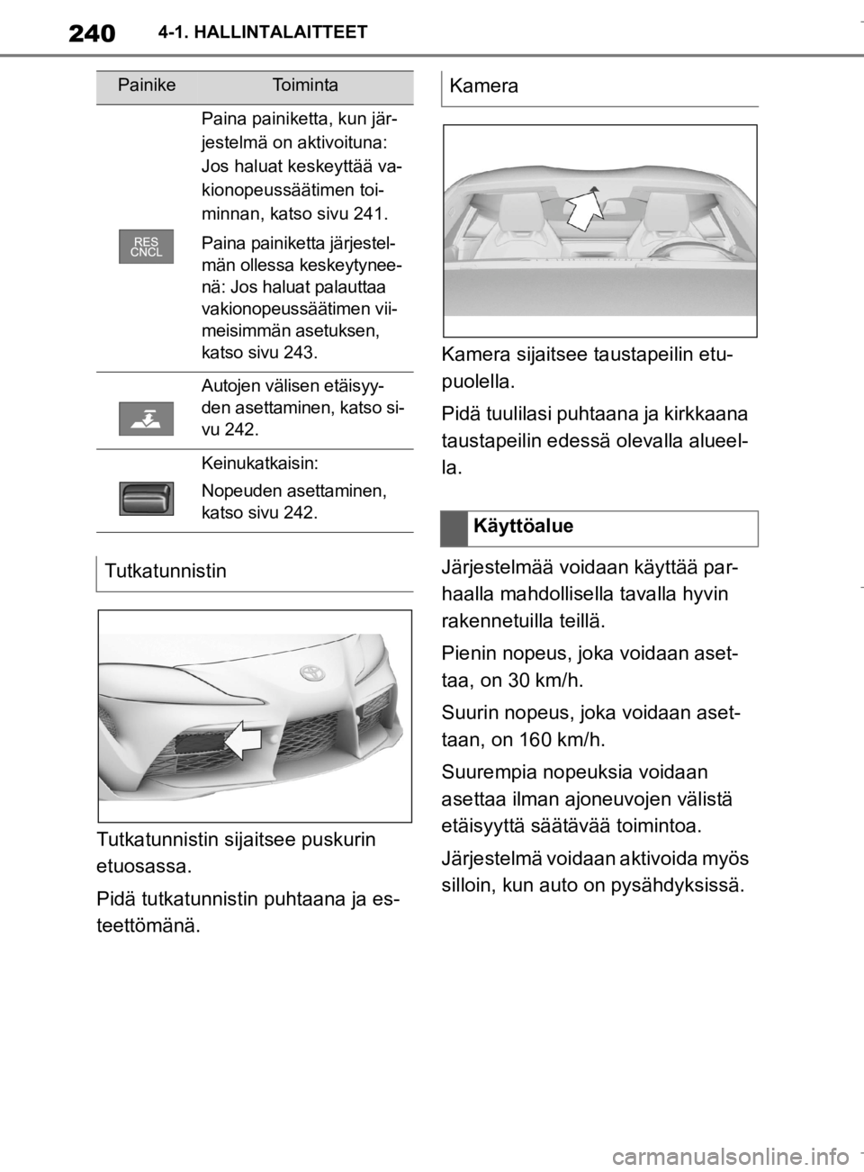 TOYOTA SUPRA 2020 Omistajan Käsikirja (in Finnish) 240
Supran omistajan käsikirja4-1. HALLINTALAITTEET
Tutkatunnistin sijaitsee puskurin
etuosassa.
Pidä tutkatunnistin puhtaana ja es-
teettömänä.
Kamera sijaitsee taustapeilin etu-
puolella.
Pid TOYOTA SUPRA 2020 Omistajan Käsikirja (in Finnish) 240
Supran omistajan käsikirja4-1. HALLINTALAITTEET
Tutkatunnistin sijaitsee puskurin
etuosassa.
Pidä tutkatunnistin puhtaana ja es-
teettömänä.
Kamera sijaitsee taustapeilin etu-
puolella.
Pid