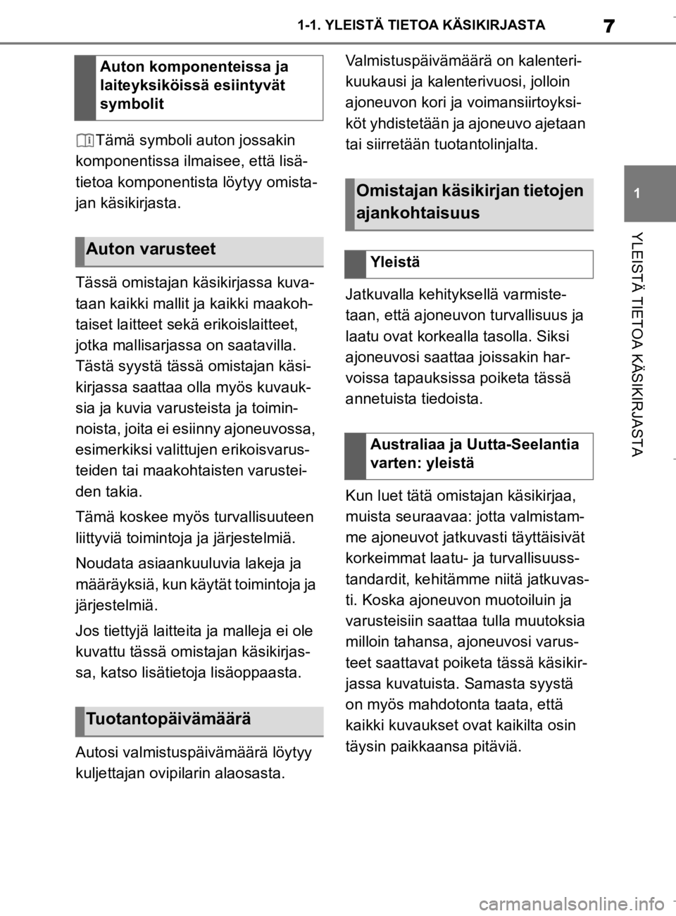 TOYOTA SUPRA 2020  Omistajan Käsikirja (in Finnish) 7
1
Supran omistajan käsikirja 1-1. YLEISTÄ TIETOA KÄSIKIRJASTA
YLEISTÄ TIETOA KÄSIKIRJASTA
Tämä symboli auton jossakin 
komponentissa ilmaisee, että lisä-
tietoa komponentista löytyy omista