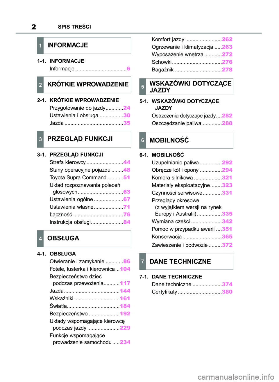 TOYOTA SUPRA 2020 Instrukcja obsługi (in Polish) 1-1. INFORMACJE
Informacje ...................................6
2-1. KRÓTKIE WPROWADZENIE
Przygotowanie do jazdy............24
Ustawienia i obs∏uga.................30
Jazda ........................ TOYOTA SUPRA 2020 Instrukcja obsługi (in Polish) 1-1. INFORMACJE
Informacje ...................................6
2-1. KRÓTKIE WPROWADZENIE
Przygotowanie do jazdy............24
Ustawienia i obs∏uga.................30
Jazda ........................
