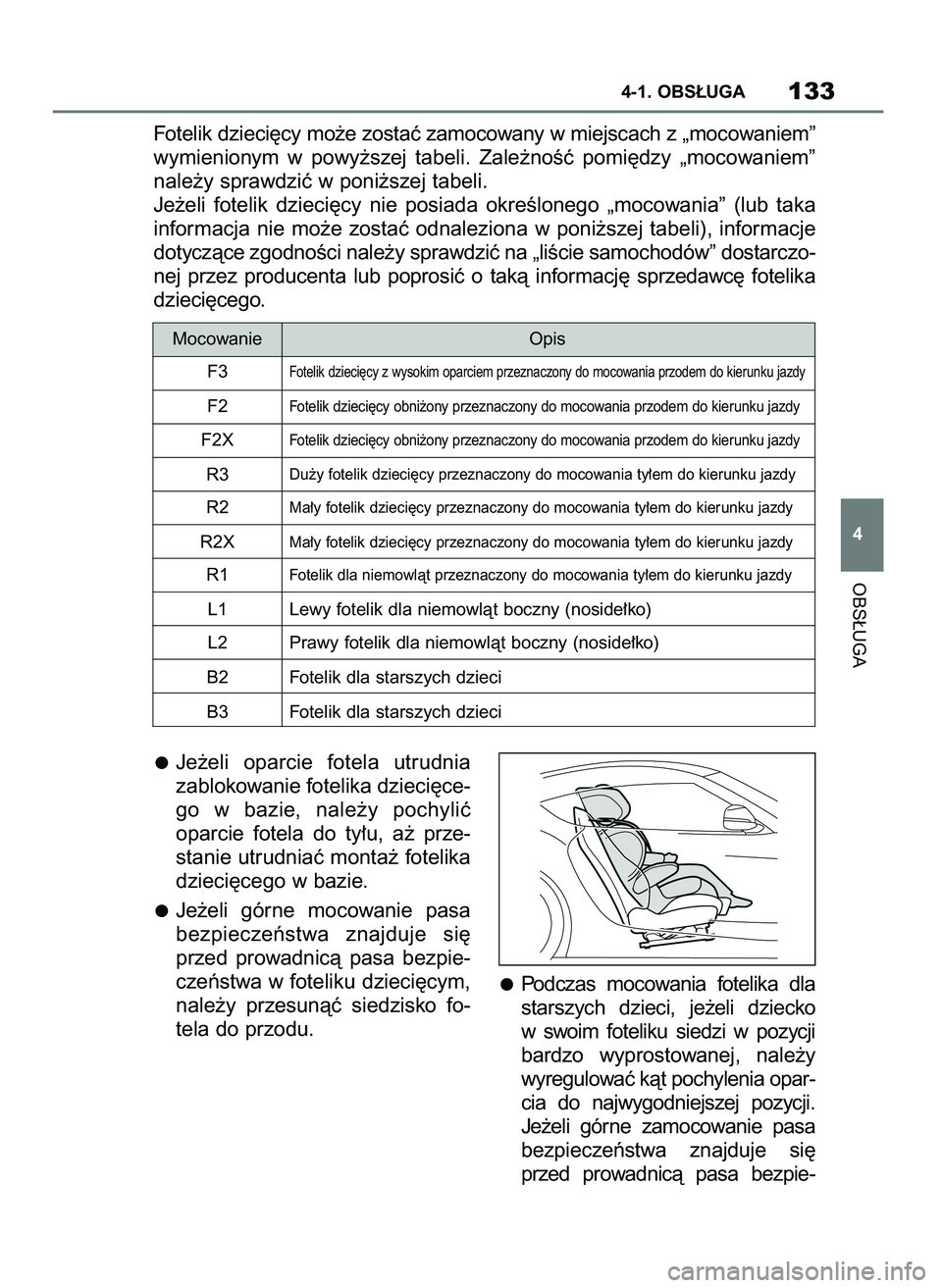 TOYOTA SUPRA 2020 Instrukcja obsługi (in Polish) Je˝eli oparcie fotela utrudnia
zablokowanie fotelika dzieci´ce-
go w bazie, nale˝y pochyliç
oparcie fotela do ty∏u, a˝ prze-
stanie utrudniaç monta˝ fotelika
dzieci´cego w bazie.
TOYOTA SUPRA 2020 Instrukcja obsługi (in Polish) Je˝eli oparcie fotela utrudnia
zablokowanie fotelika dzieci´ce-
go w bazie, nale˝y pochyliç
oparcie fotela do ty∏u, a˝ prze-
stanie utrudniaç monta˝ fotelika
dzieci´cego w bazie.