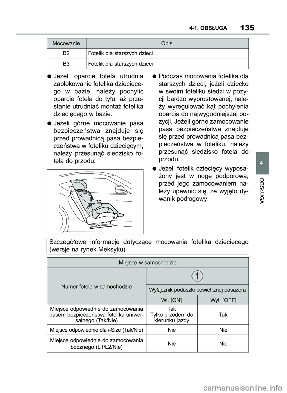 TOYOTA SUPRA 2020 Instrukcja obsługi (in Polish) Je˝eli oparcie fotela utrudnia
zablokowanie fotelika dzieci´ce-
go w bazie, nale˝y pochyliç
oparcie fotela do ty∏u, a˝ prze-
stanie utrudniaç monta˝ fotelika
dzieci´cego w bazie.
TOYOTA SUPRA 2020 Instrukcja obsługi (in Polish) Je˝eli oparcie fotela utrudnia
zablokowanie fotelika dzieci´ce-
go w bazie, nale˝y pochyliç
oparcie fotela do ty∏u, a˝ prze-
stanie utrudniaç monta˝ fotelika
dzieci´cego w bazie.