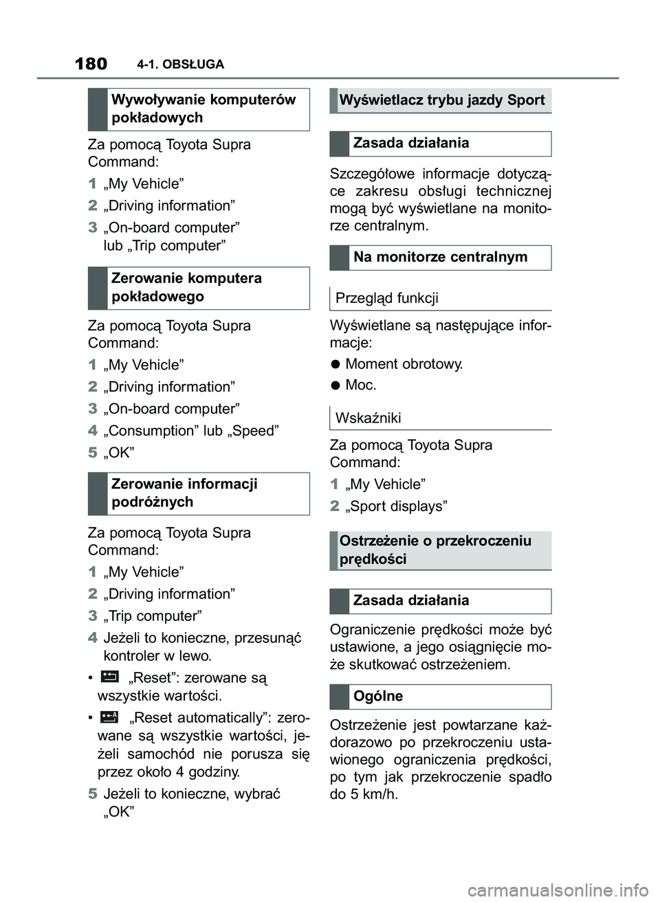 TOYOTA SUPRA 2020 Instrukcja obsługi (in Polish) Za pomocà Toyota Supra
Command:
1„My Vehicle”
2„Driving information”
3„On-board computer”
lub „Trip computer”
Za pomocà Toyota Supra
Command:
1„My Vehicle”
2„Driving informatio TOYOTA SUPRA 2020 Instrukcja obsługi (in Polish) Za pomocà Toyota Supra
Command:
1„My Vehicle”
2„Driving information”
3„On-board computer”
lub „Trip computer”
Za pomocà Toyota Supra
Command:
1„My Vehicle”
2„Driving informatio