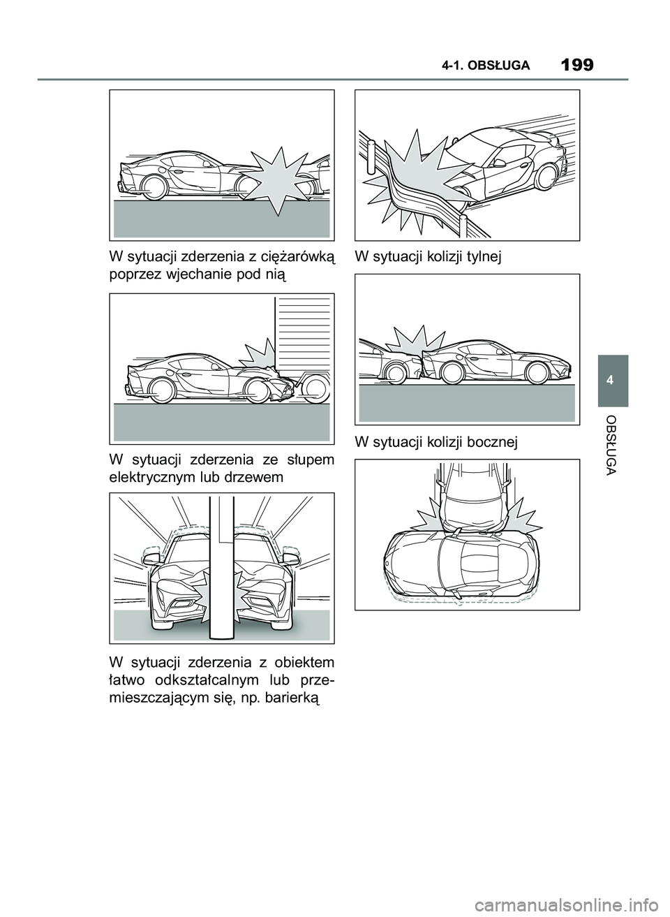 TOYOTA SUPRA 2020 Instrukcja obsługi (in Polish) W sytuacji zderzenia z ci´˝arówkà
poprzez wjechanie pod nià
W sytuacji zderzenia ze s∏upem
elektrycznym lub drzewem
W sytuacji zderzenia z obiektem
∏atwo odkszta∏calnym lub prze-
mie TOYOTA SUPRA 2020 Instrukcja obsługi (in Polish) W sytuacji zderzenia z ci´˝arówkà
poprzez wjechanie pod nià
W sytuacji zderzenia ze s∏upem
elektrycznym lub drzewem
W sytuacji zderzenia z obiektem
∏atwo odkszta∏calnym lub prze-
mie