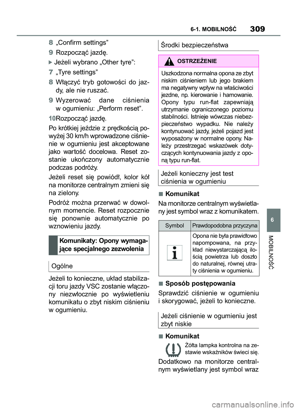 TOYOTA SUPRA 2020 Instrukcja obsługi (in Polish) 8„Confirm settings”
9Rozpoczàç jazd´.
ó Je˝eli wybrano „Other tyre”:
7„Tyre settings”
8W∏àczyç tryb gotowoÊci do jaz-
dy, ale nie ruszaç.
9Wyzerowaç dane ciÊnienia
w ogu TOYOTA SUPRA 2020 Instrukcja obsługi (in Polish) 8„Confirm settings”
9Rozpoczàç jazd´.
ó Je˝eli wybrano „Other tyre”:
7„Tyre settings”
8W∏àczyç tryb gotowoÊci do jaz-
dy, ale nie ruszaç.
9Wyzerowaç dane ciÊnienia
w ogu