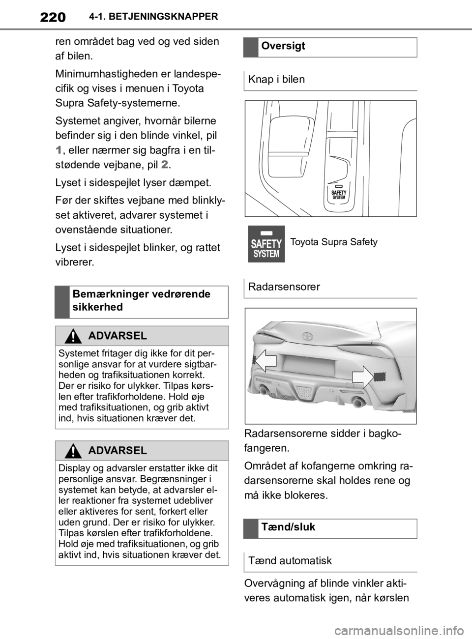 TOYOTA SUPRA 2020  Brugsanvisning (in Danish) 220
Instruktionsbog til Supra4-1. BETJENINGSKNAPPER
ren området bag ved og ved siden 
af bilen.
Minimumhastigheden er landespe-
cifik og vises i menuen i Toyota 
Supra Safety-systemerne.
Systemet ang