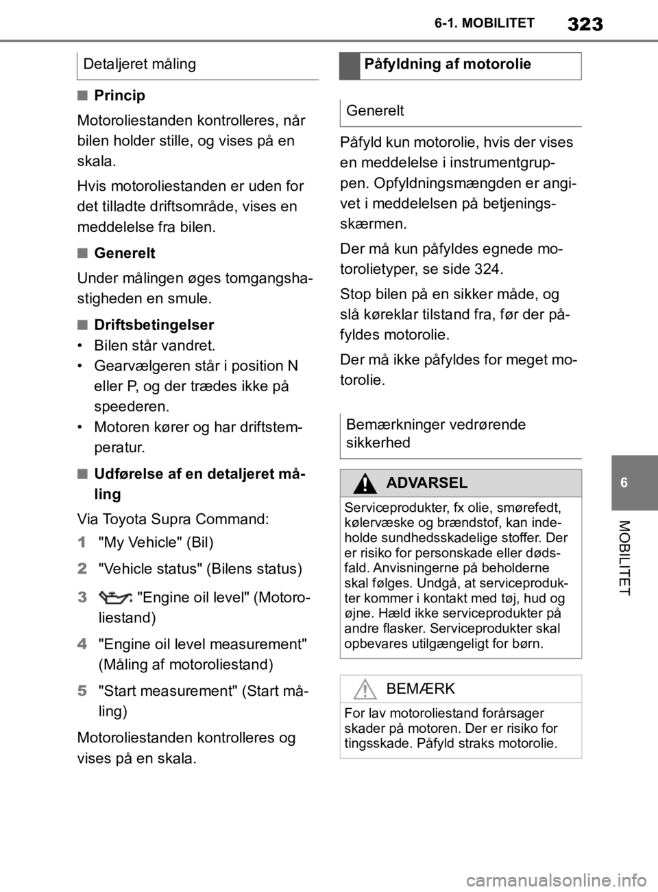 TOYOTA SUPRA 2020  Brugsanvisning (in Danish) 323
6
Instruktionsbog til Supra 6-1. MOBILITET
MOBILITET
nPrincip
Motoroliestanden kontrolleres, når 
bilen holder stille, og vises på en 
skala.
Hvis motoroliestanden er uden for 
det tilladte drif
