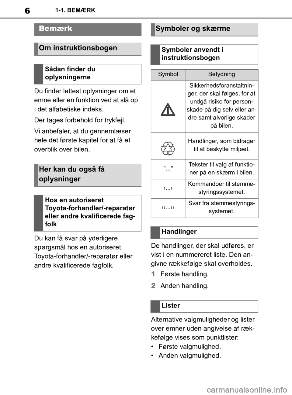TOYOTA SUPRA 2020 Brugsanvisning (in Danish) 6
Instruktionsbog til Supra1-1. BEMÆRK
1-1.BEMÆRK
Du finder lettest oplysninger om et
emne eller en funktion ved at slå op
i det alfabetiske indeks.
Der tages forbehold for trykfejl.
Vi anbefaler TOYOTA SUPRA 2020 Brugsanvisning (in Danish) 6
Instruktionsbog til Supra1-1. BEMÆRK
1-1.BEMÆRK
Du finder lettest oplysninger om et
emne eller en funktion ved at slå op
i det alfabetiske indeks.
Der tages forbehold for trykfejl.
Vi anbefaler